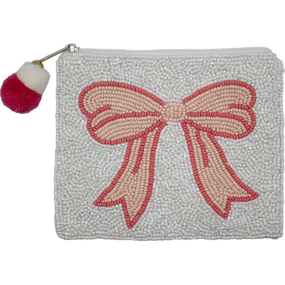 Beaded pouch with a pink bow design on a white background