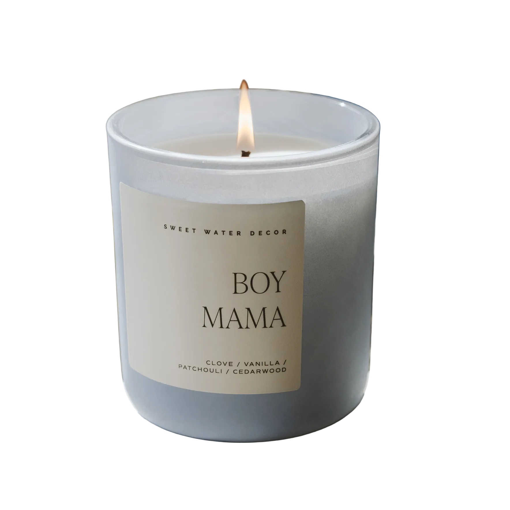 Candle labeled 'BOY MAMA' on a white background