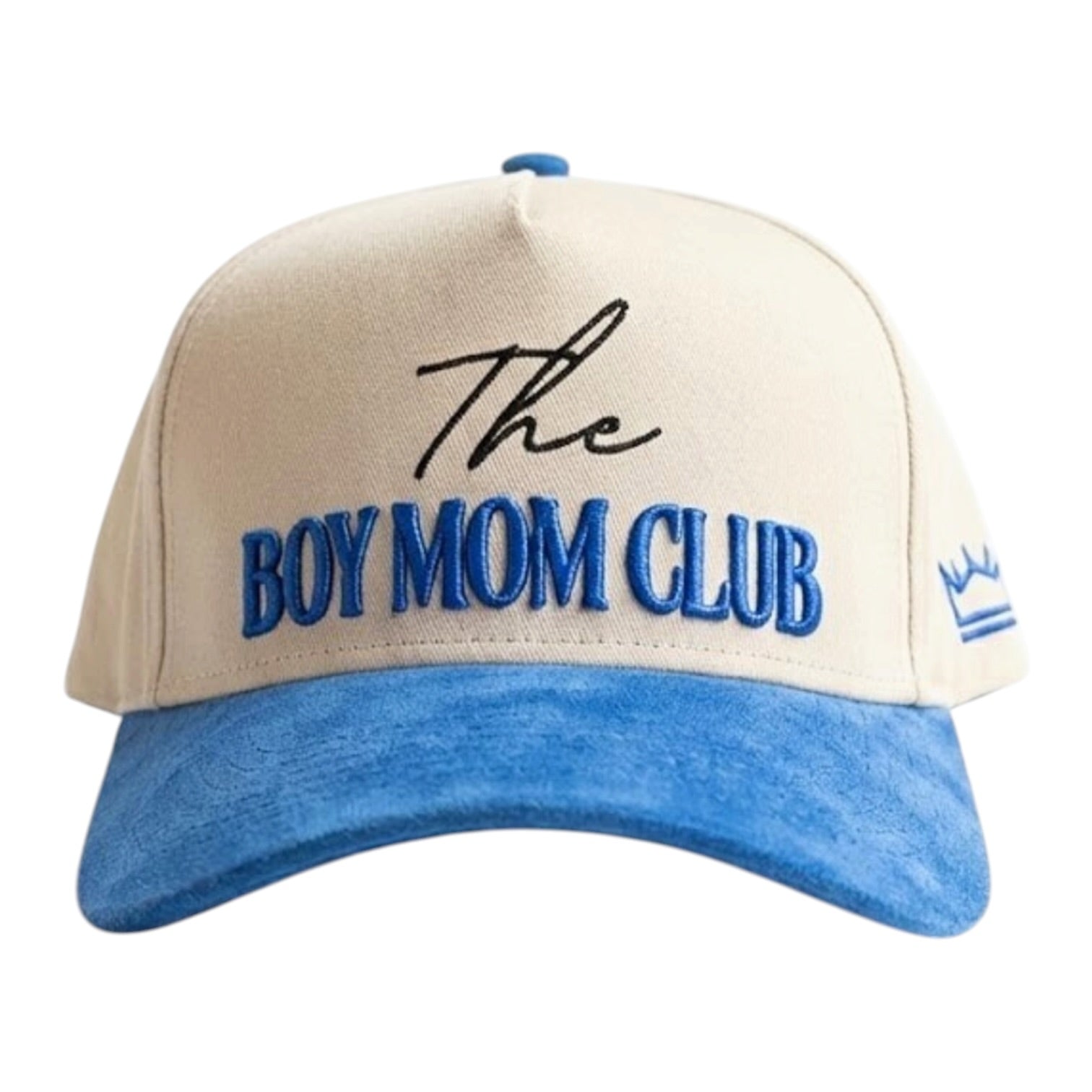 Beige and blue cap with 'The Boy Mom Club' text on a white background