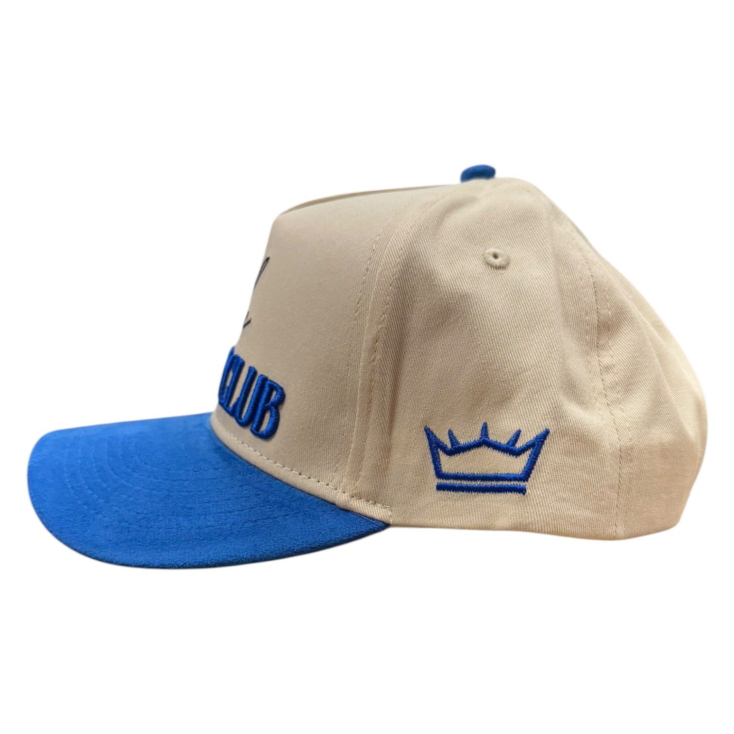 Beige and blue cap with 'CLUB' text and logo on a white background