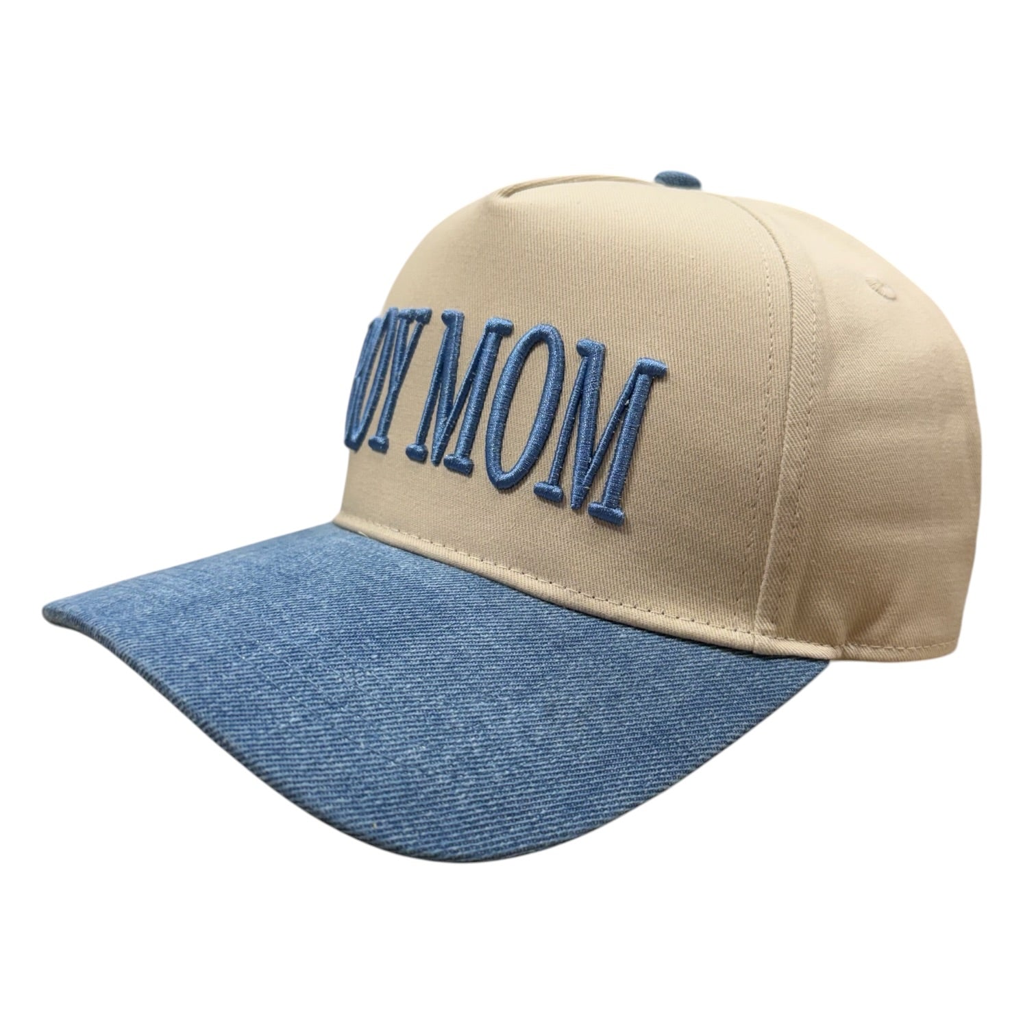 Beige and blue cap with 'BOY MOM' text on a white background