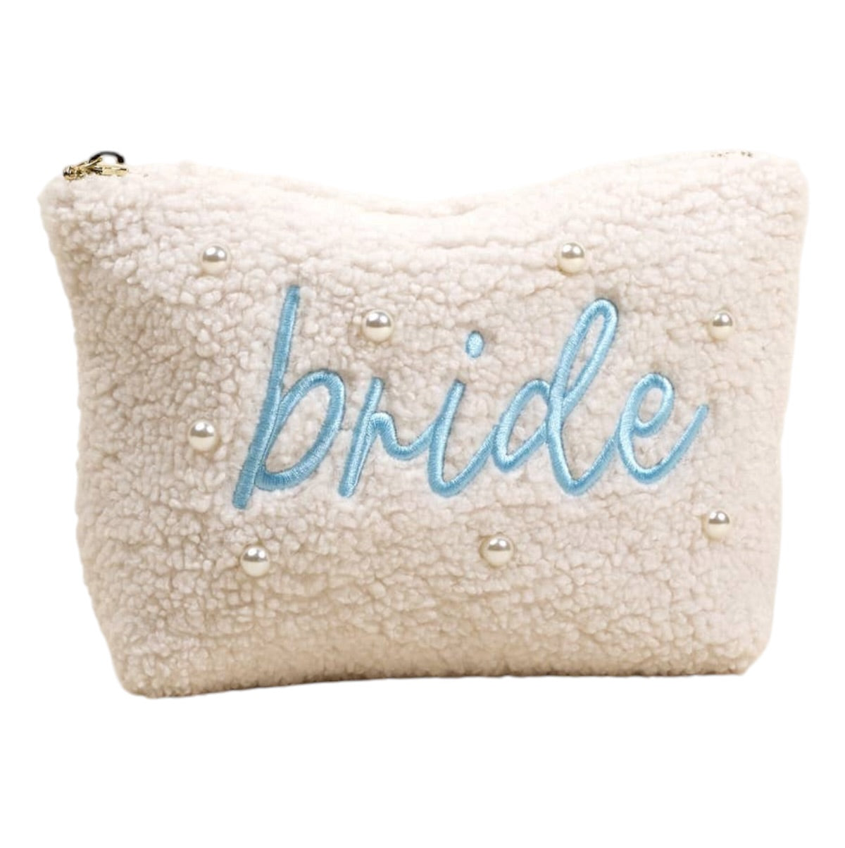 Beige pouch with 'bride' embroidered in blue on a white background