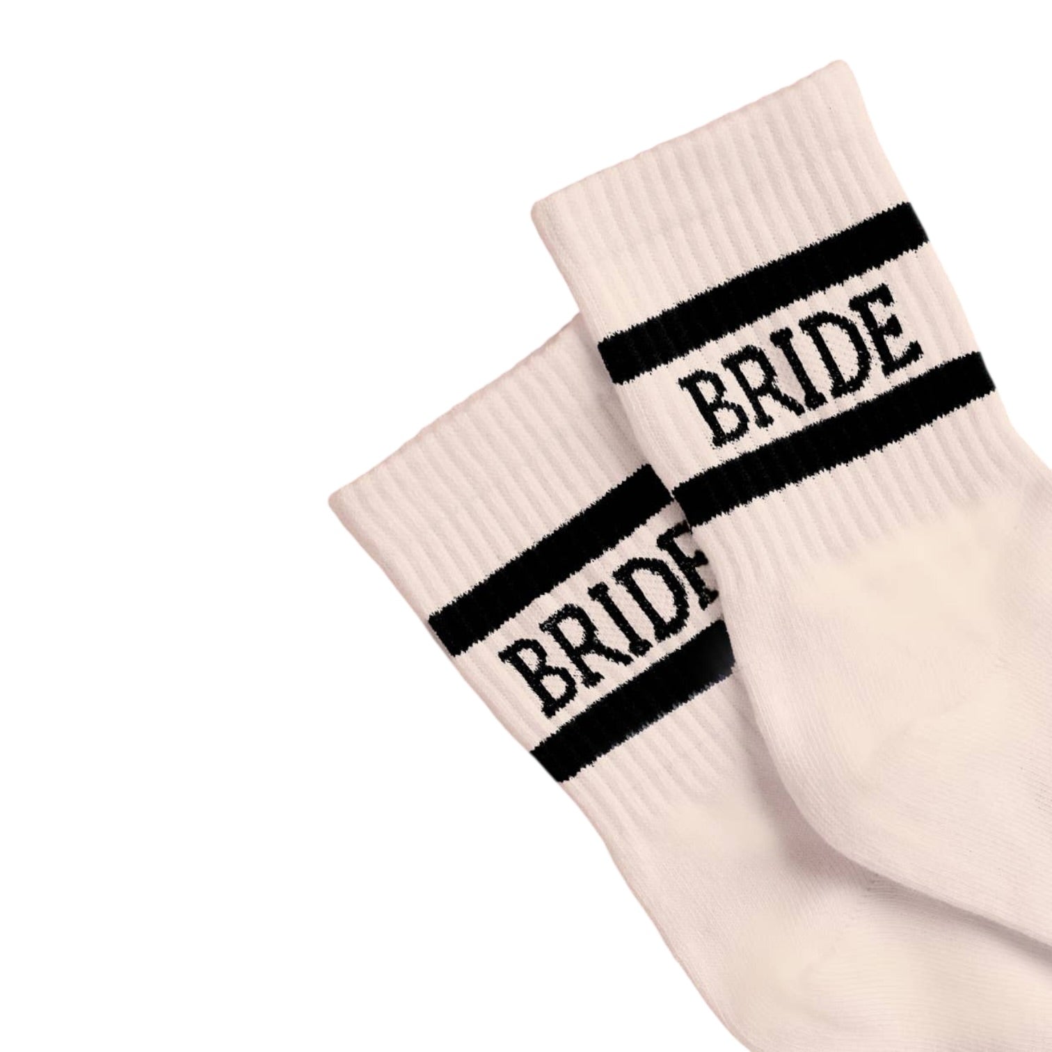 White socks with 'BRIDE' text on a white background