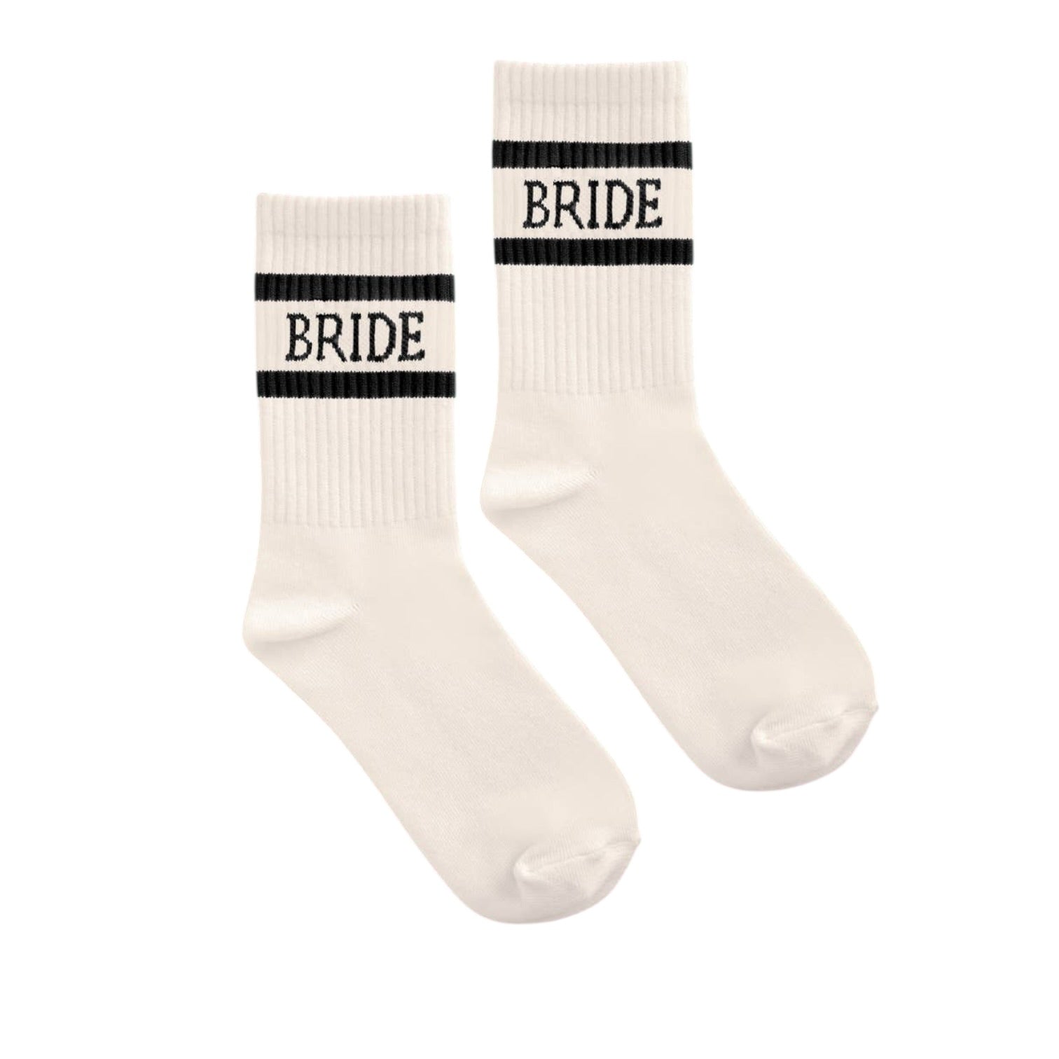 White socks with 'BRIDE' text on a white background