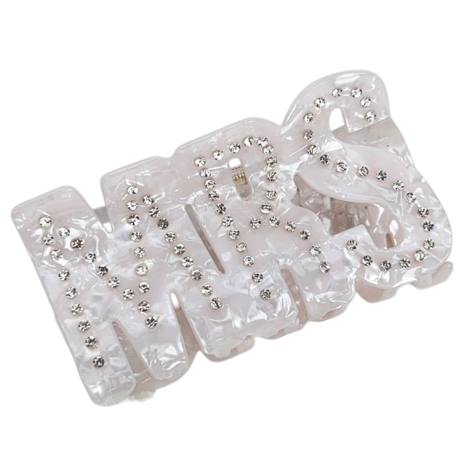 Clear hair clip with embedded rhinestones on a white background