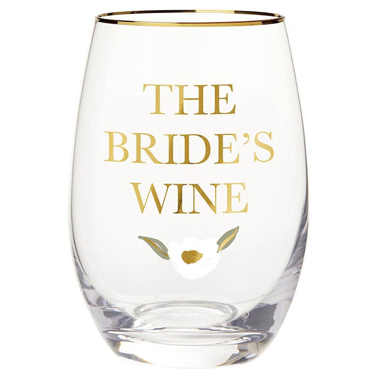Clear wine glass with gold interior and 'The Bride's Wine' text on a white background