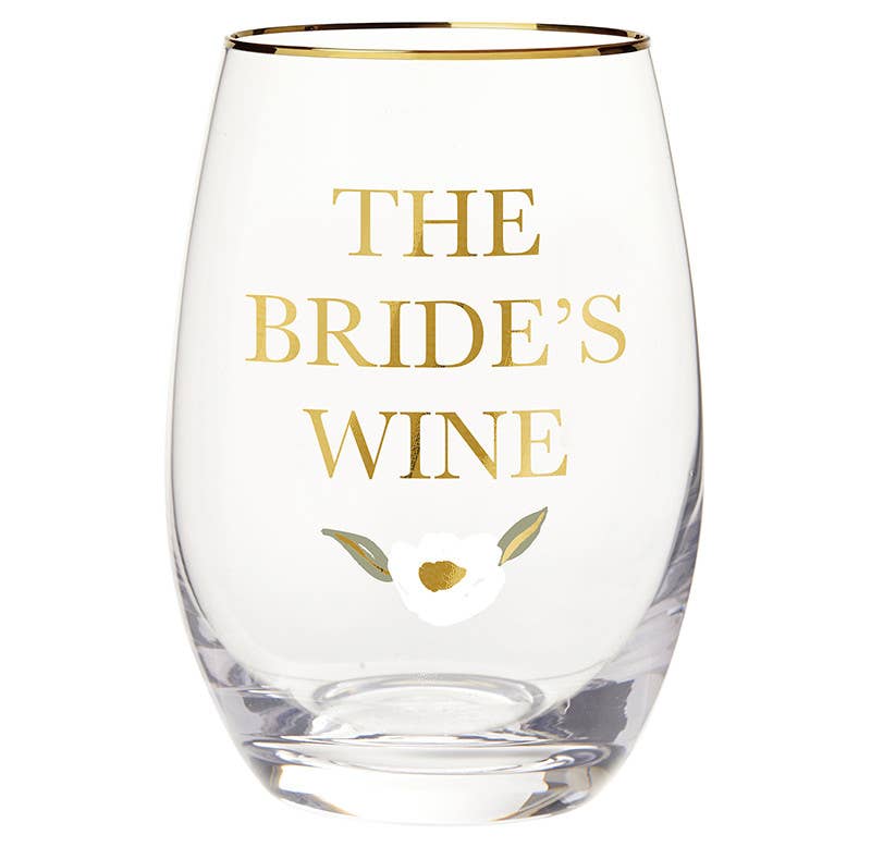 Clear wine glass with gold interior and 'The Bride's Wine' text on a white background