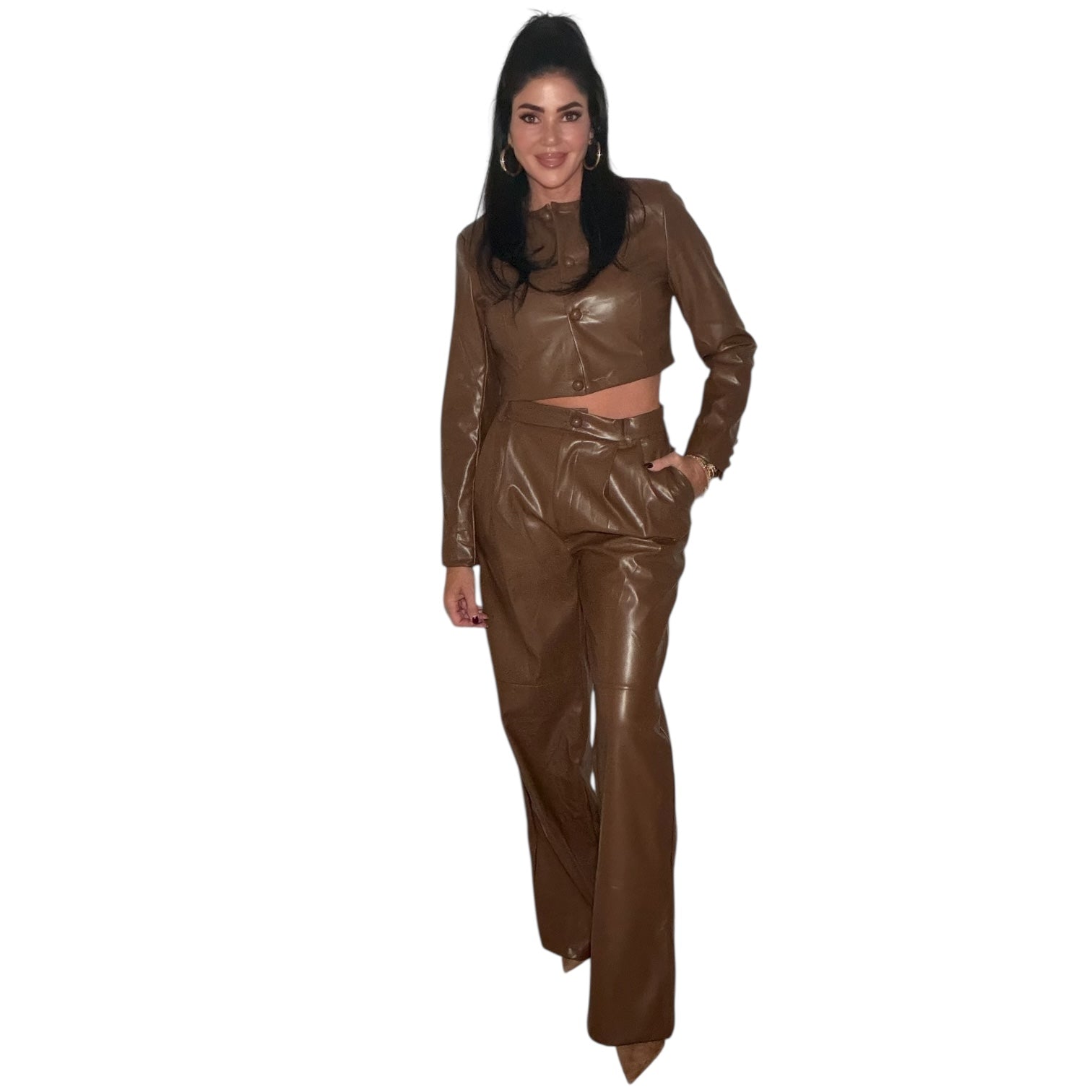 Woman wearing a brown leather outfit on a white background