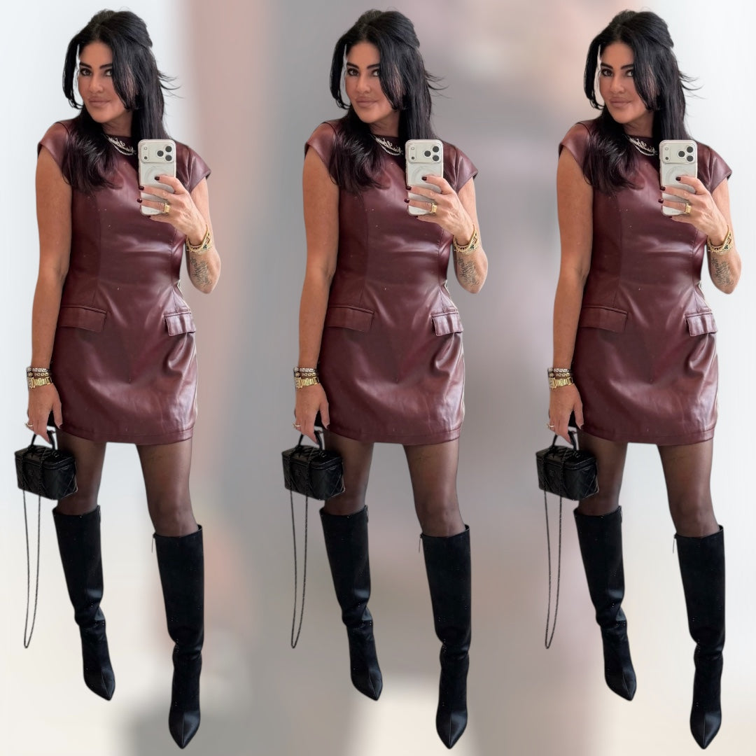 Three images of a woman in a burgundy dress and black knee-high boots taking a mirror selfie.