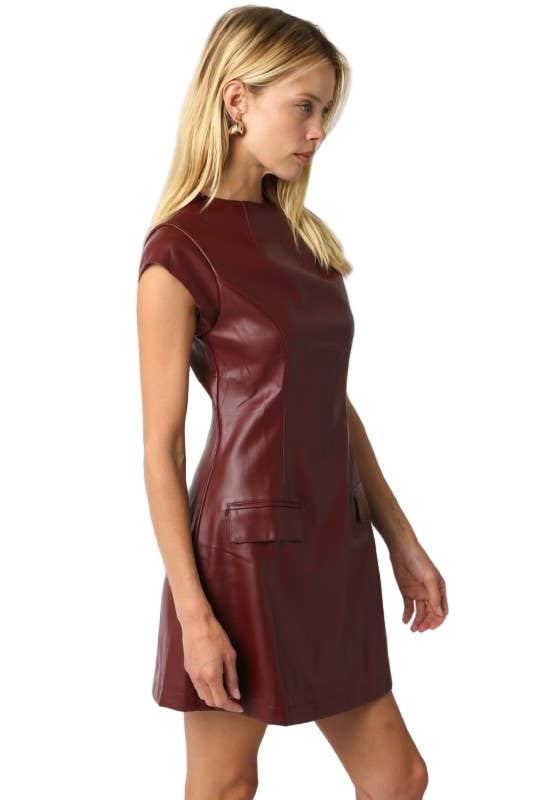 Woman wearing a maroon leather dress on a white background