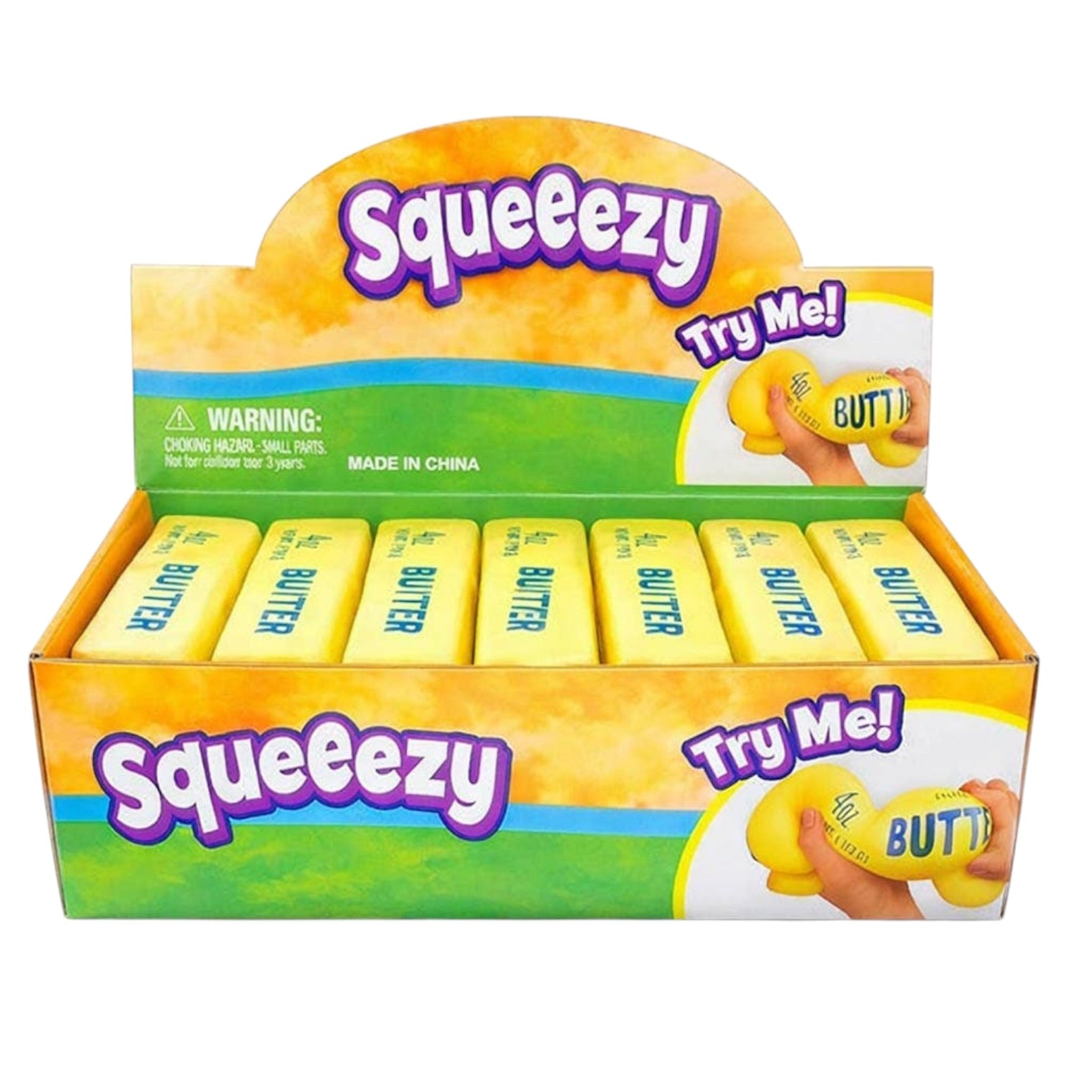 Box of Squeezy Butter toys with packaging design.