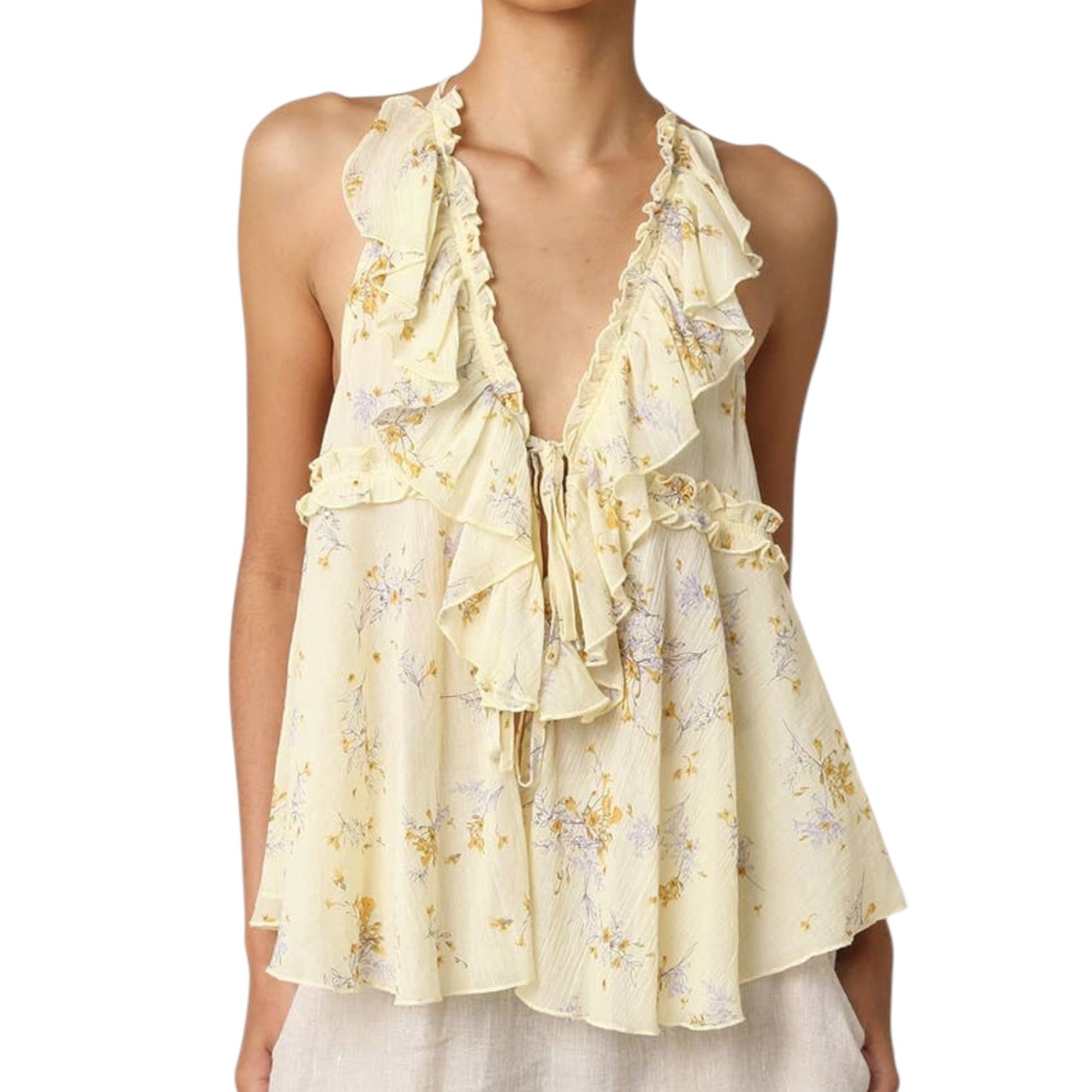 Yellow floral halter top on a white background