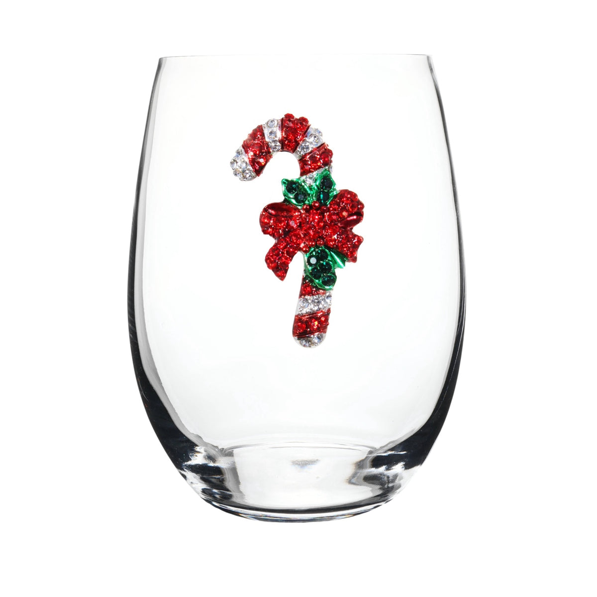 Clear glass with a candy cane and bow decoration on a white background