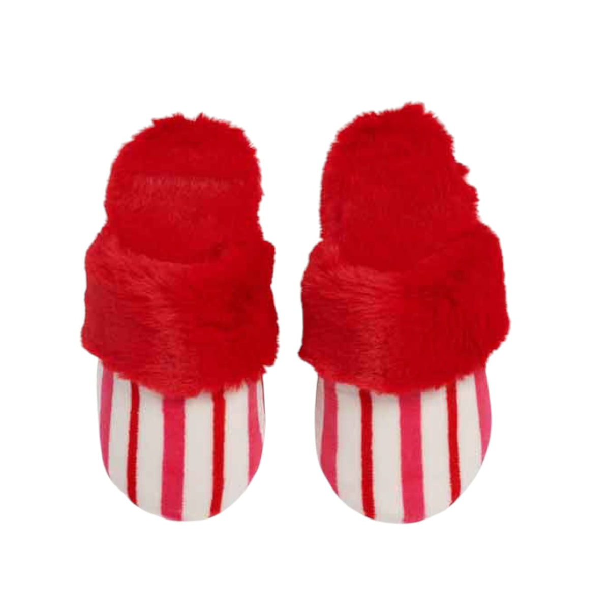 A pair of red fuzzy slippers with pink and white vertical stripes on the soles, shown against a plain white background.