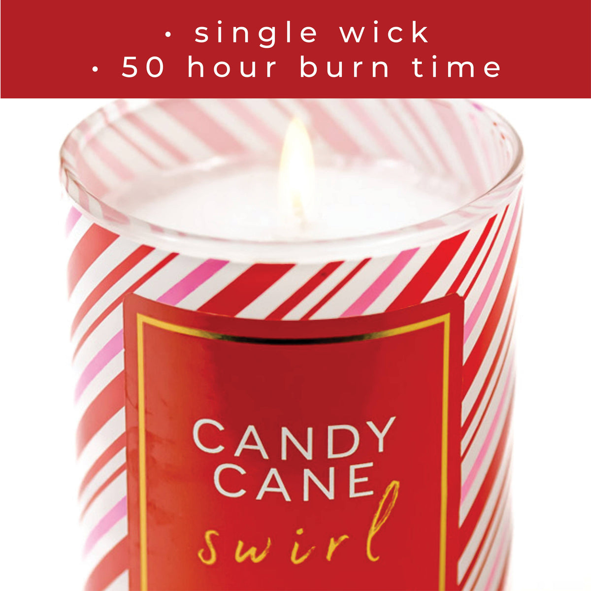 Candle with red and white striped design and 'Candy Cane Swirl' text on a red background.