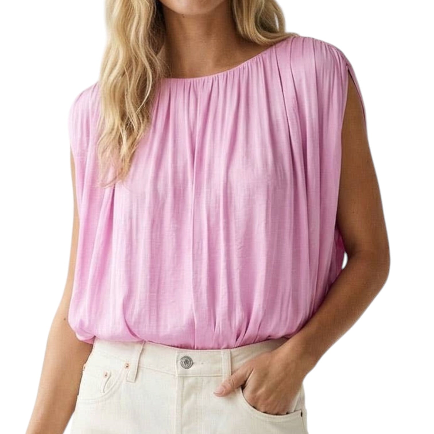 Person wearing a lilac sleeveless top on a white background