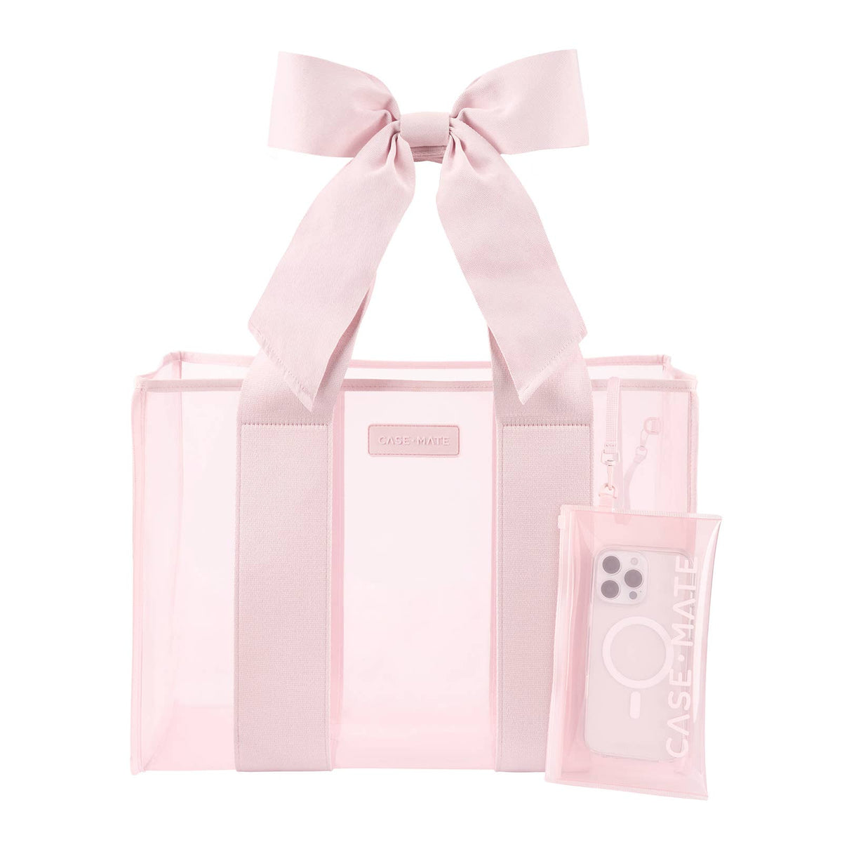 A light pink transparent tote bag with a large satin bow on the handle, shown on a clean white background. A matching translucent phone case with the CASE HATE logo is placed in front of the bag.