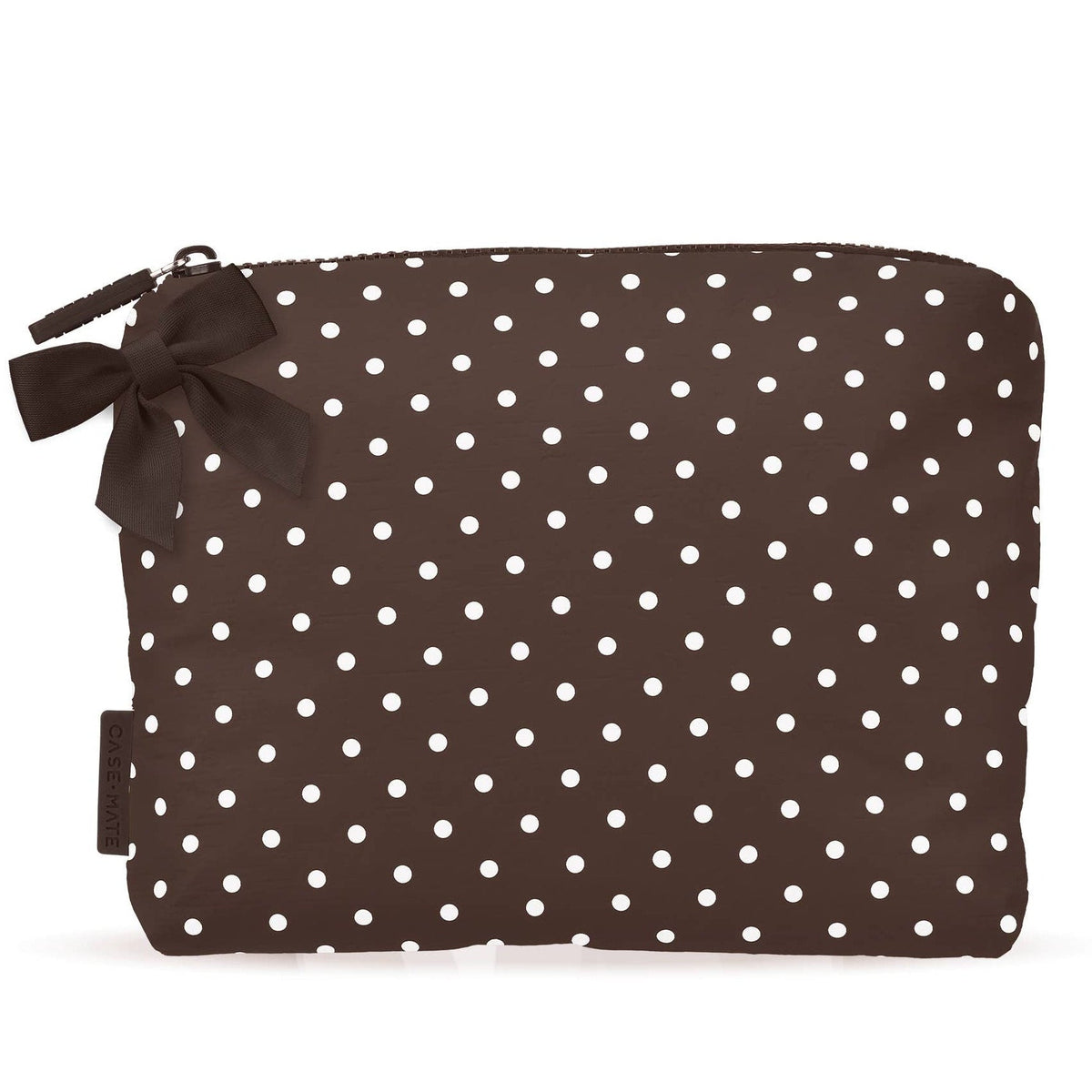 A brown zippered pouch with a white polka dot pattern and a matching brown ribbon bow on the left side, shown against a plain white background.
