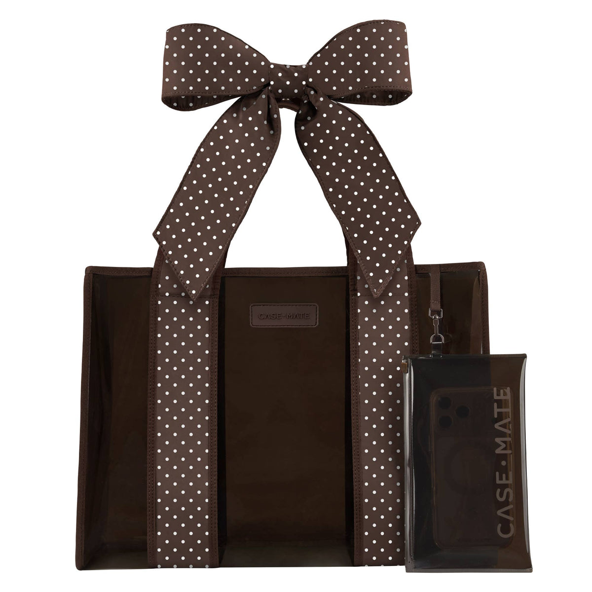A brown tote bag with white polka-dot handles and a matching clear phone case with a large bow, both branded CASE-MATE, shown on a plain white background.