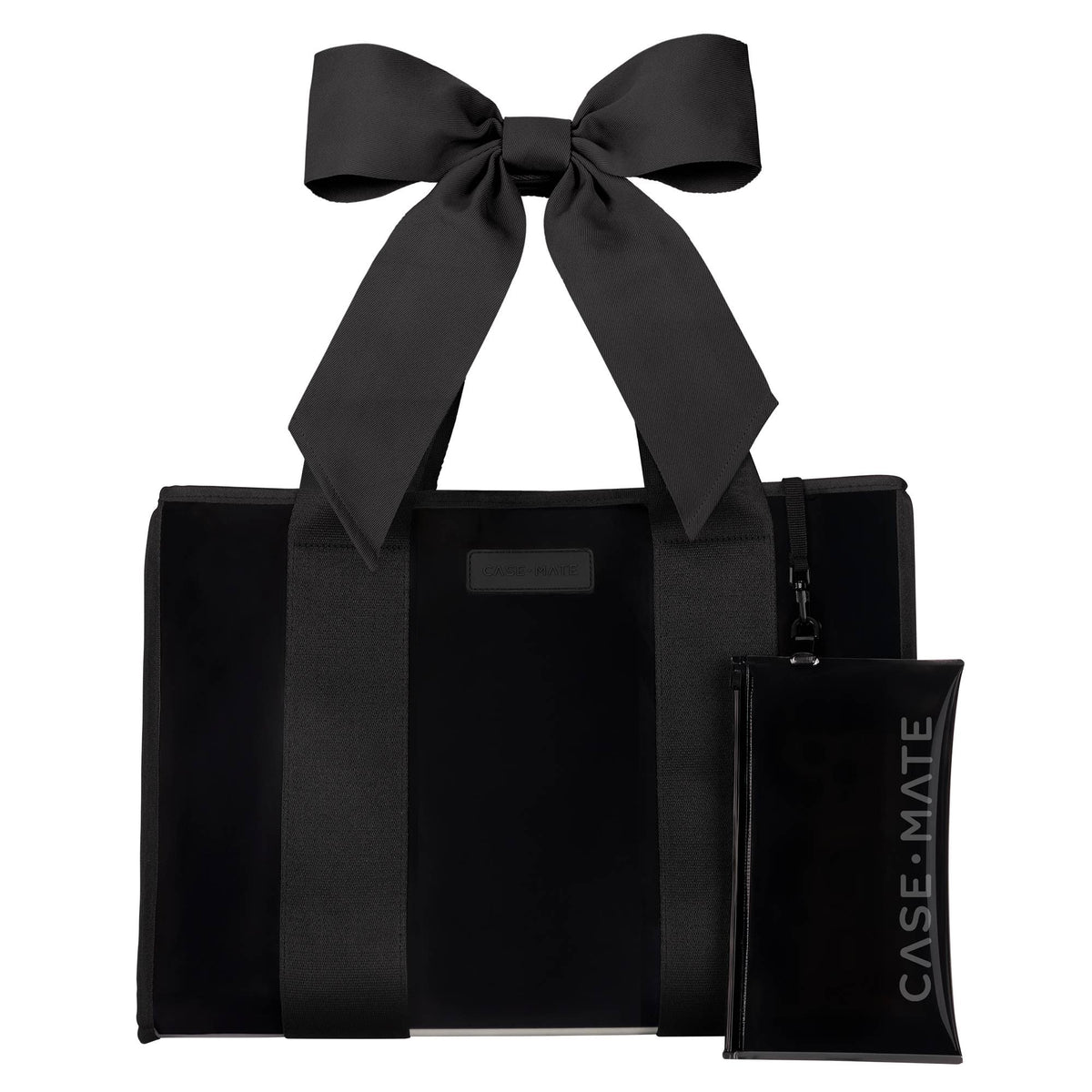 Black tote bag with a large black bow and a matching pouch on a white background