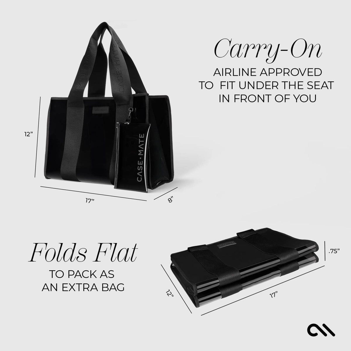 Black carry-on bag with dimensions and airline approval text on a white background