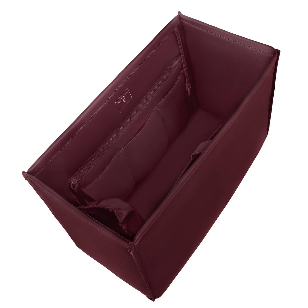 A burgundy fabric tote bag organizer insert with multiple zippered compartments, shown from an elevated angle on a white background.