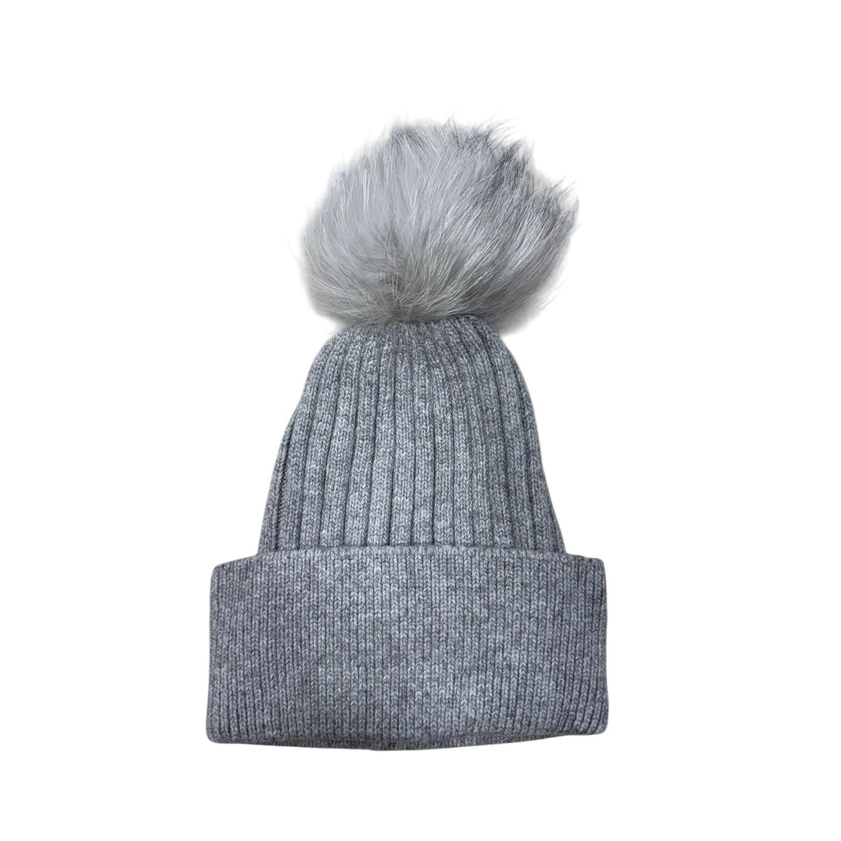 Gray knit beanie with a fluffy gray pom-pom on a white background