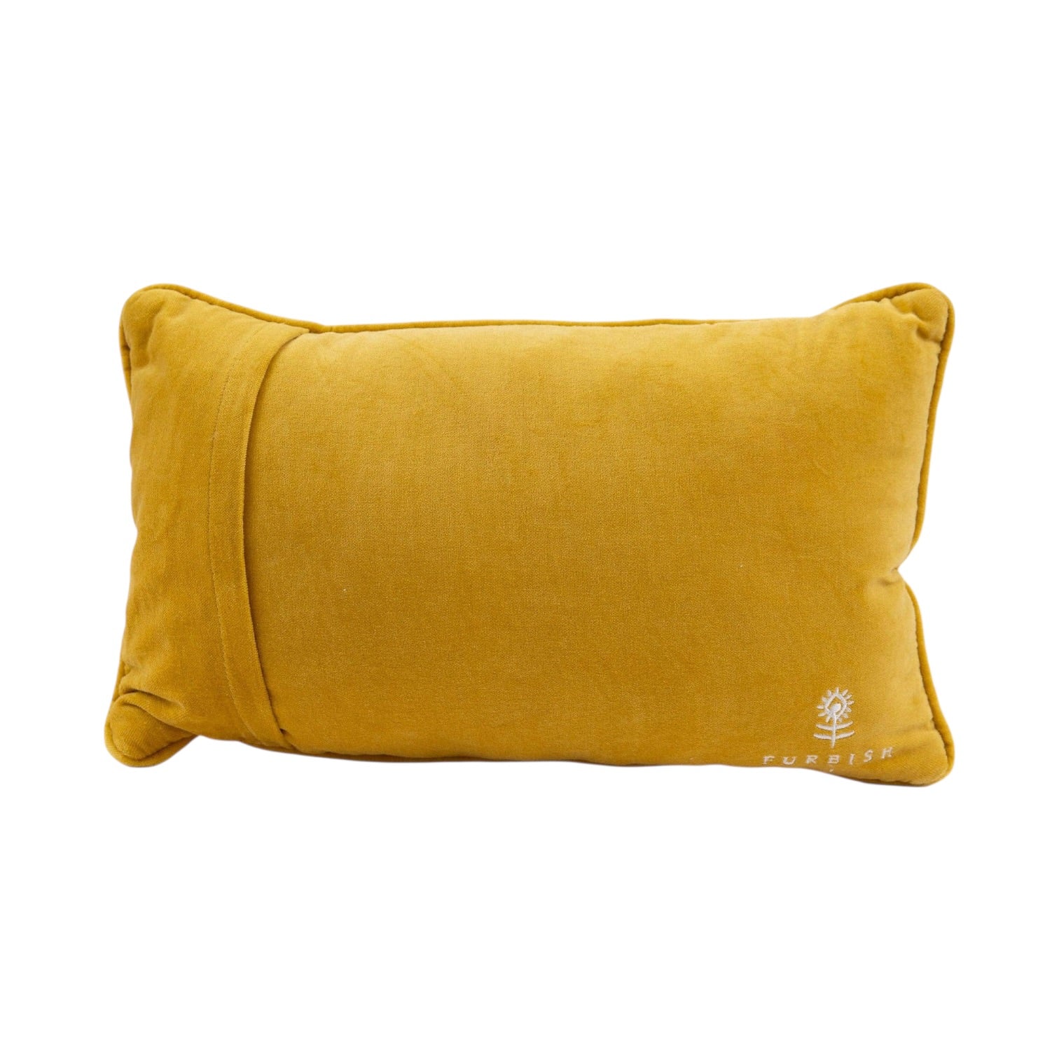 Yellow pillow with a brand logo on a white background