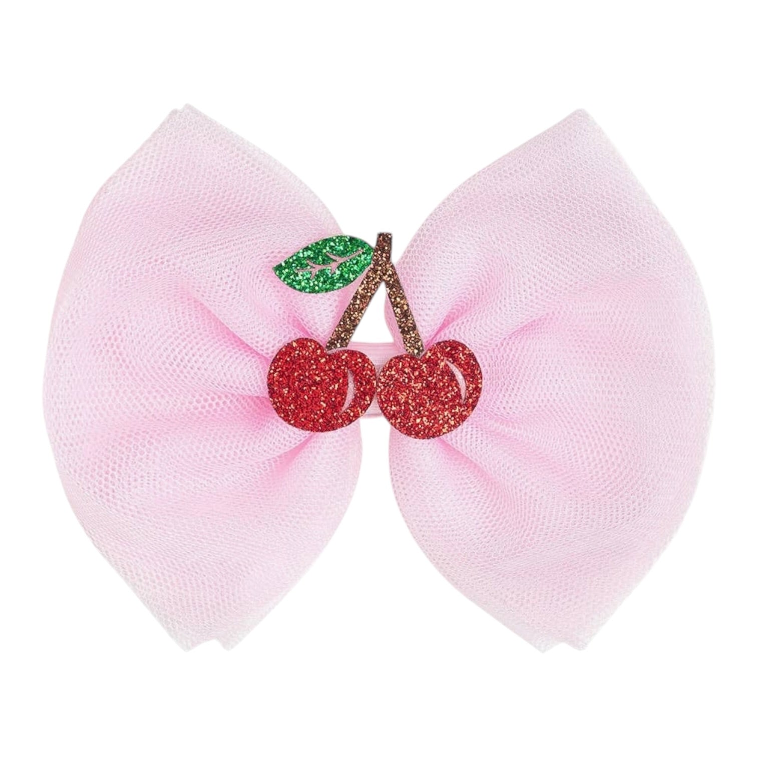 Pink bow hair clip with red cherries and green leaves on a white background