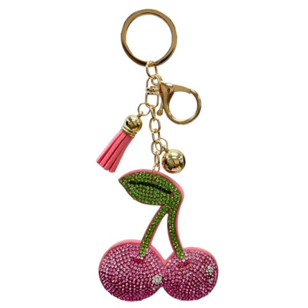 Cherry-shaped keychain with pink and green details on a white background
