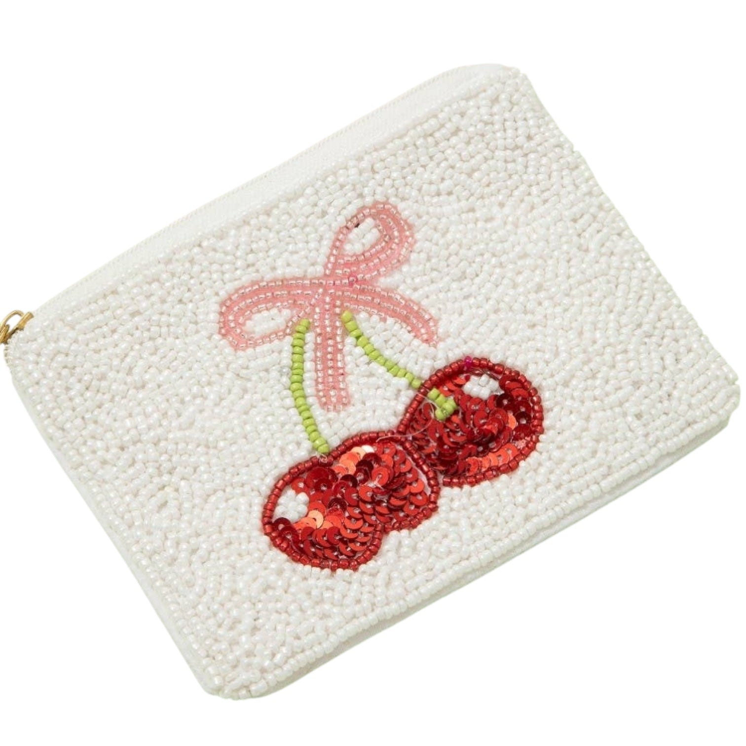Beaded pouch with cherry design on a white background