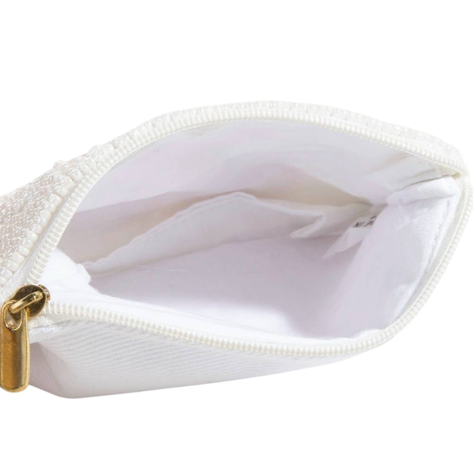 Close-up of a white pouch with a gold zipper on a white background