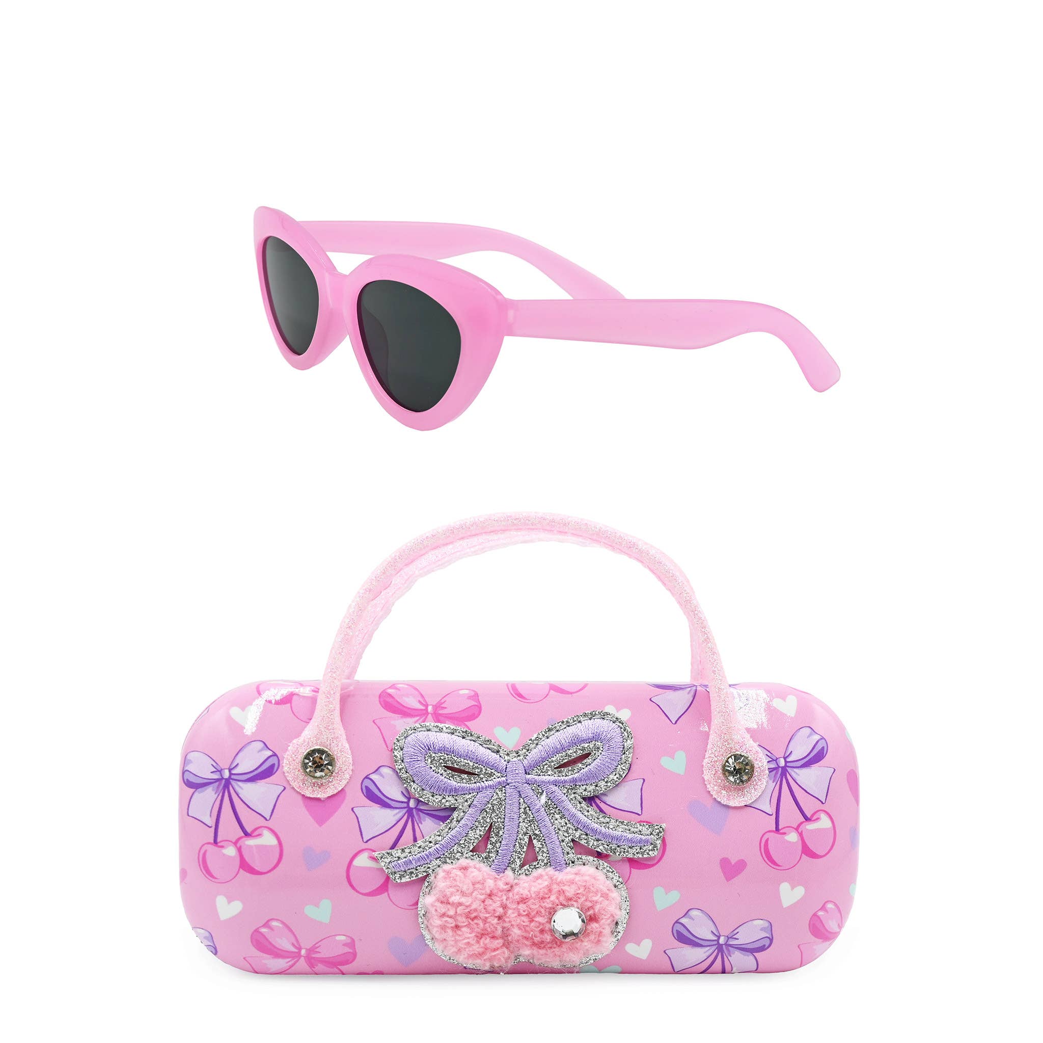 Pink sunglasses and handbag set with decorative elements on a white background