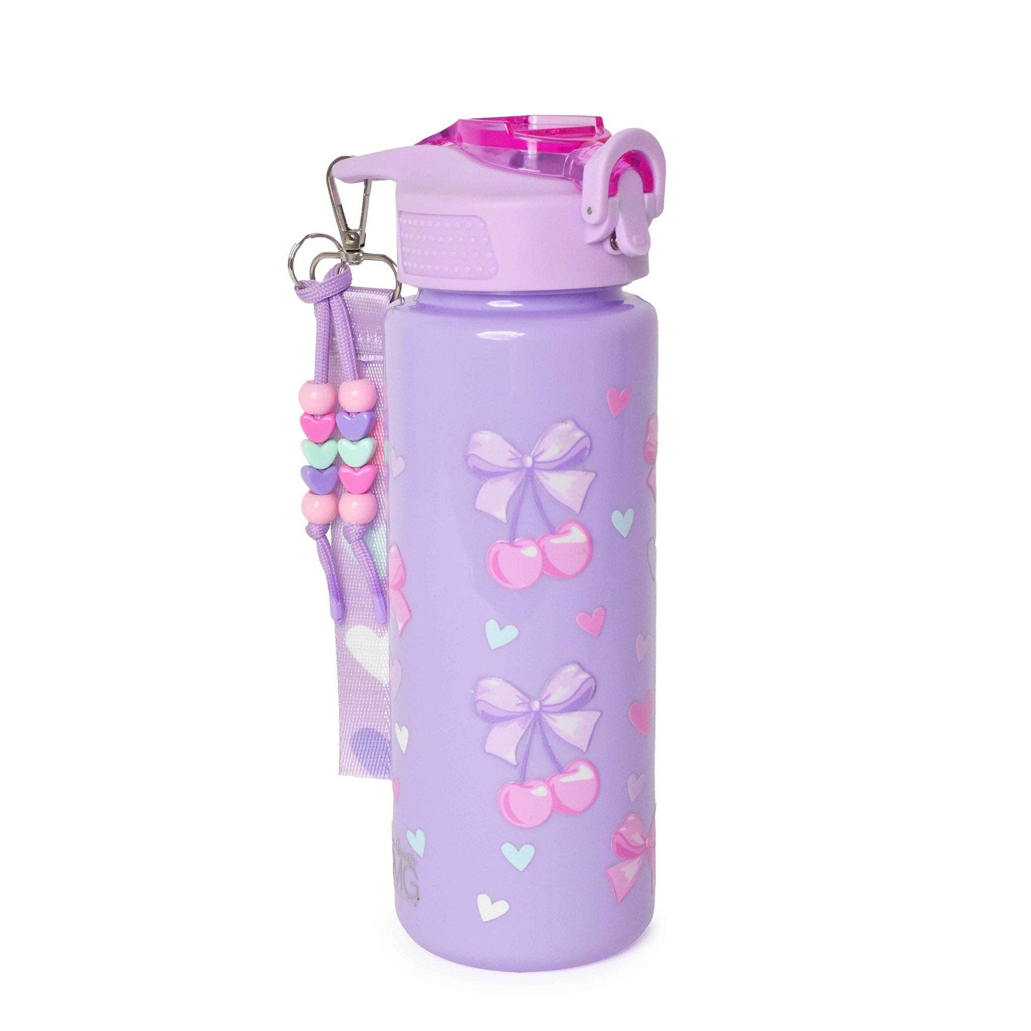 Purple water bottle with heart and bow designs on a white background