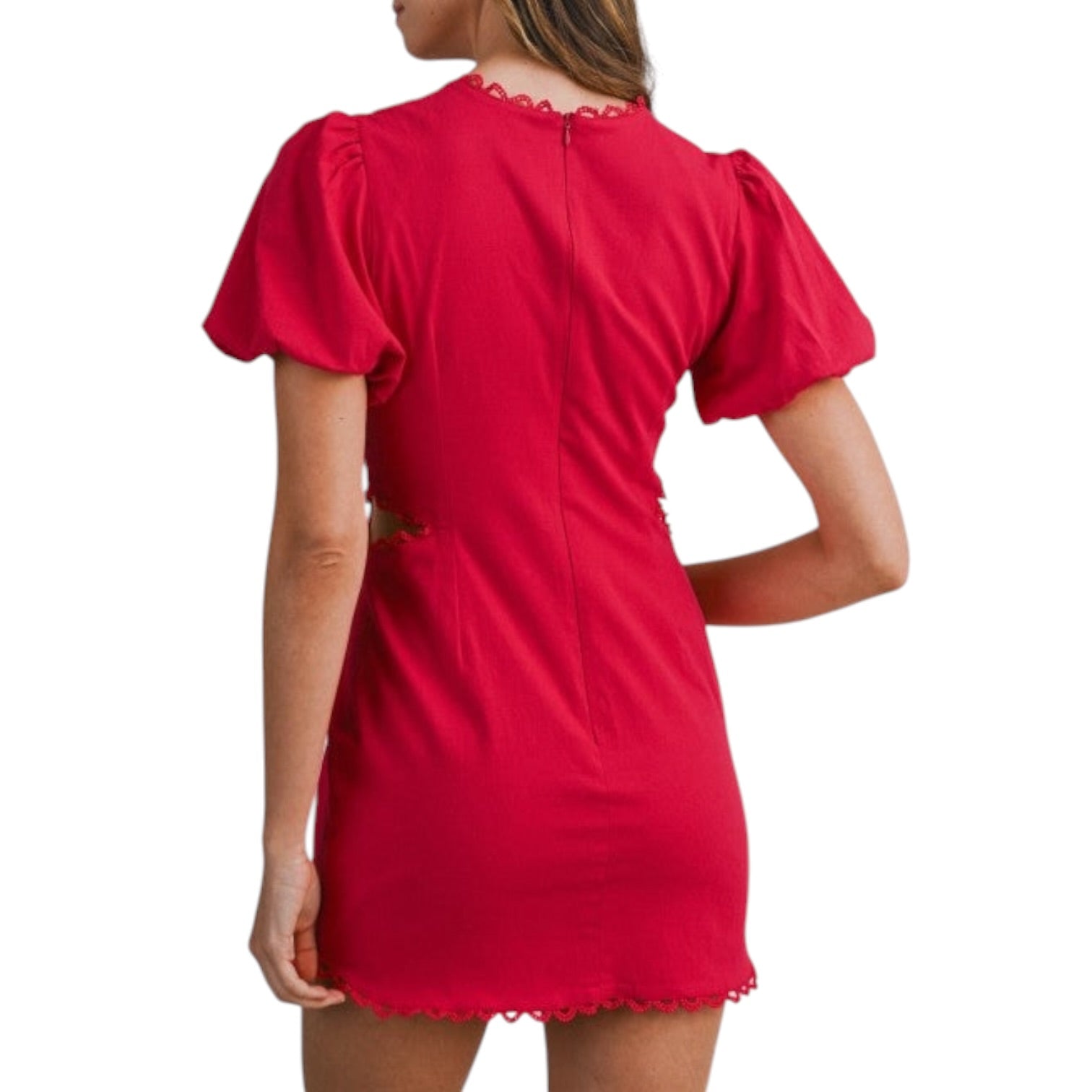 Red dress with short sleeves and lace details on a white background