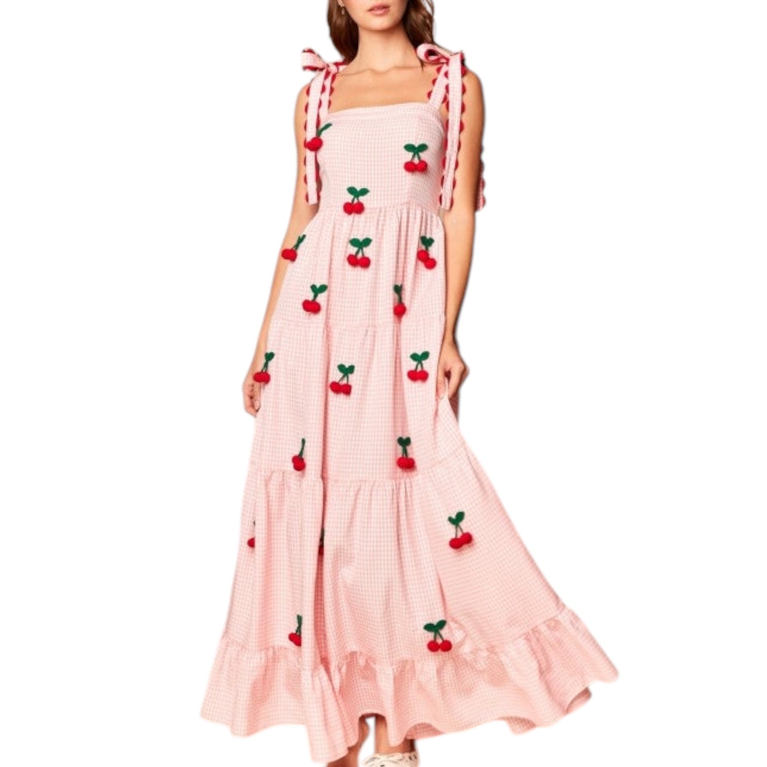 Pink dress with cherry patterns on a white background