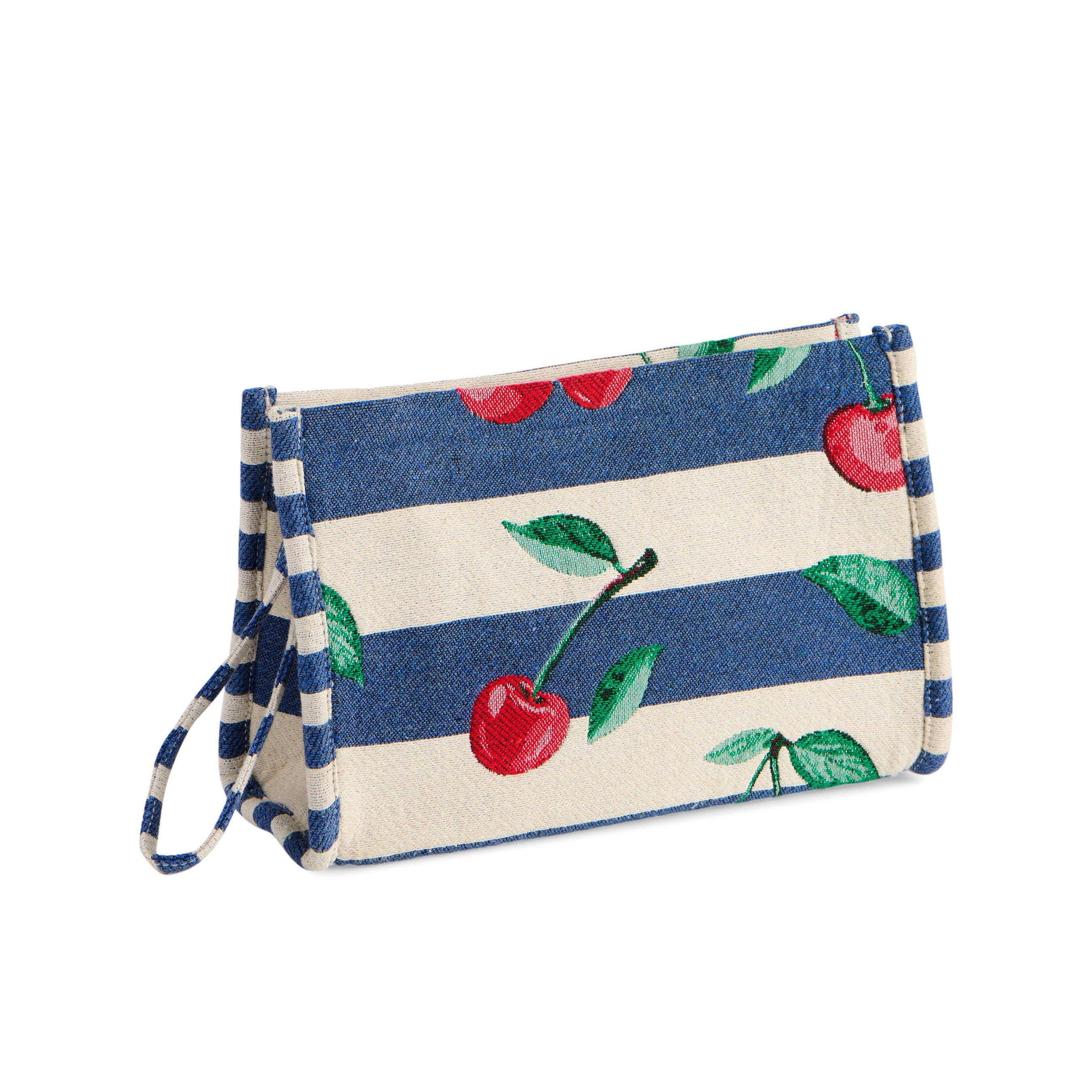 Striped pouch with cherry design on a white background