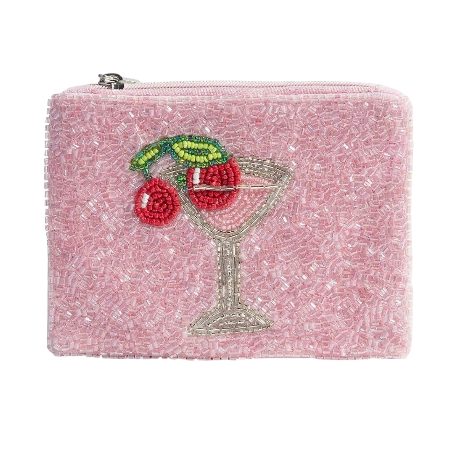 Pink beaded pouch with a martini glass and cherries design on a white background