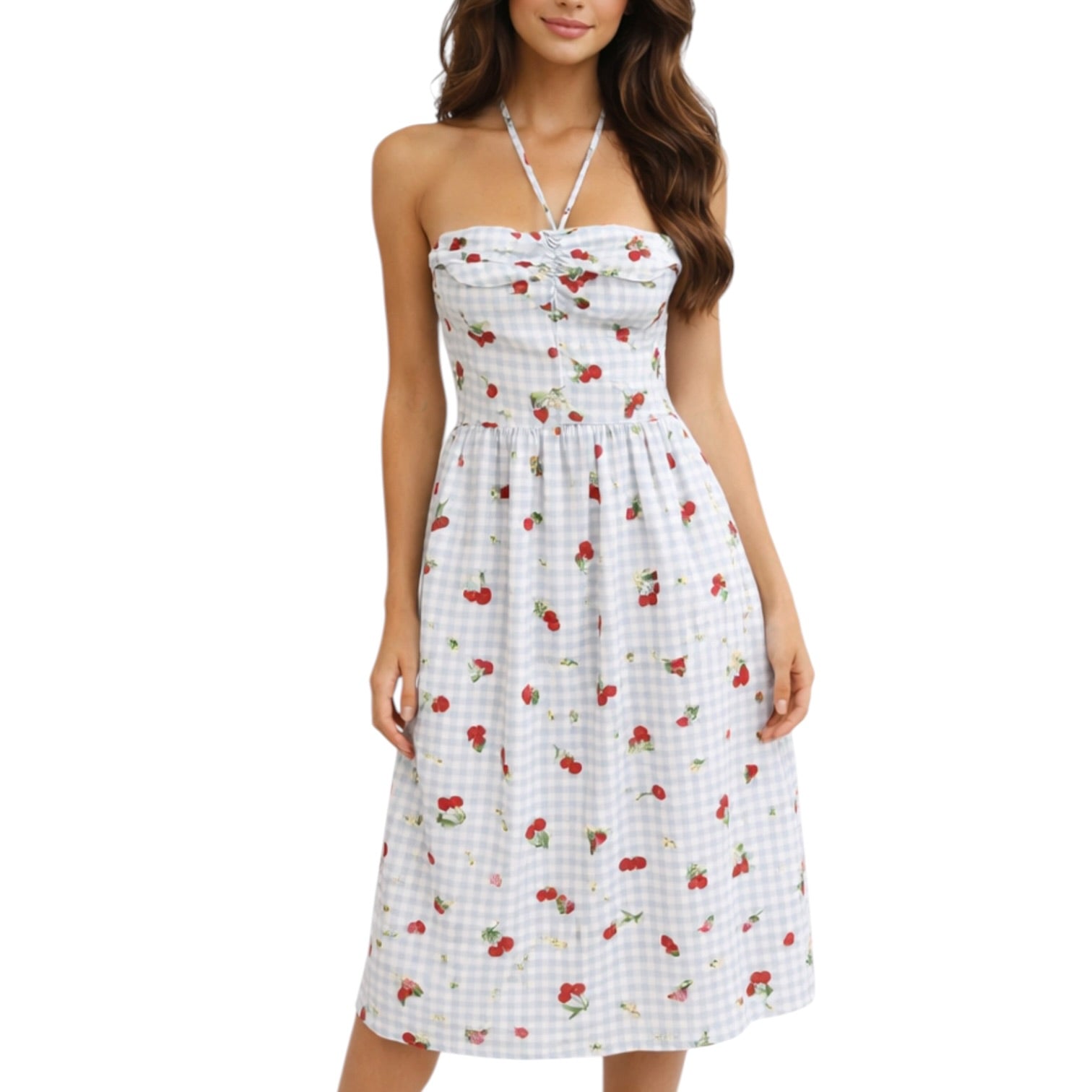 Woman wearing a white dress with red floral pattern on a white background
