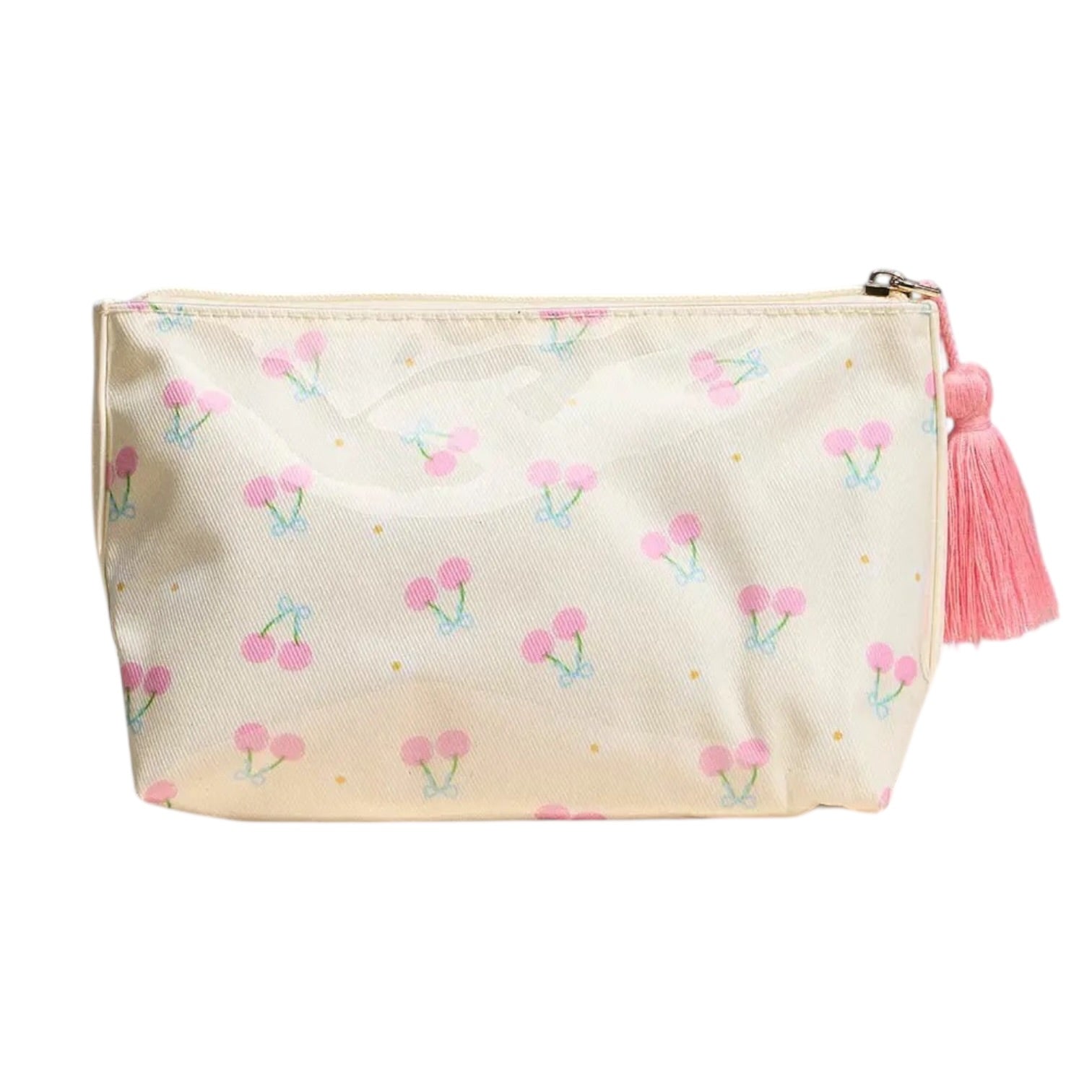 Beige pouch with pink floral pattern and tassel on a white background