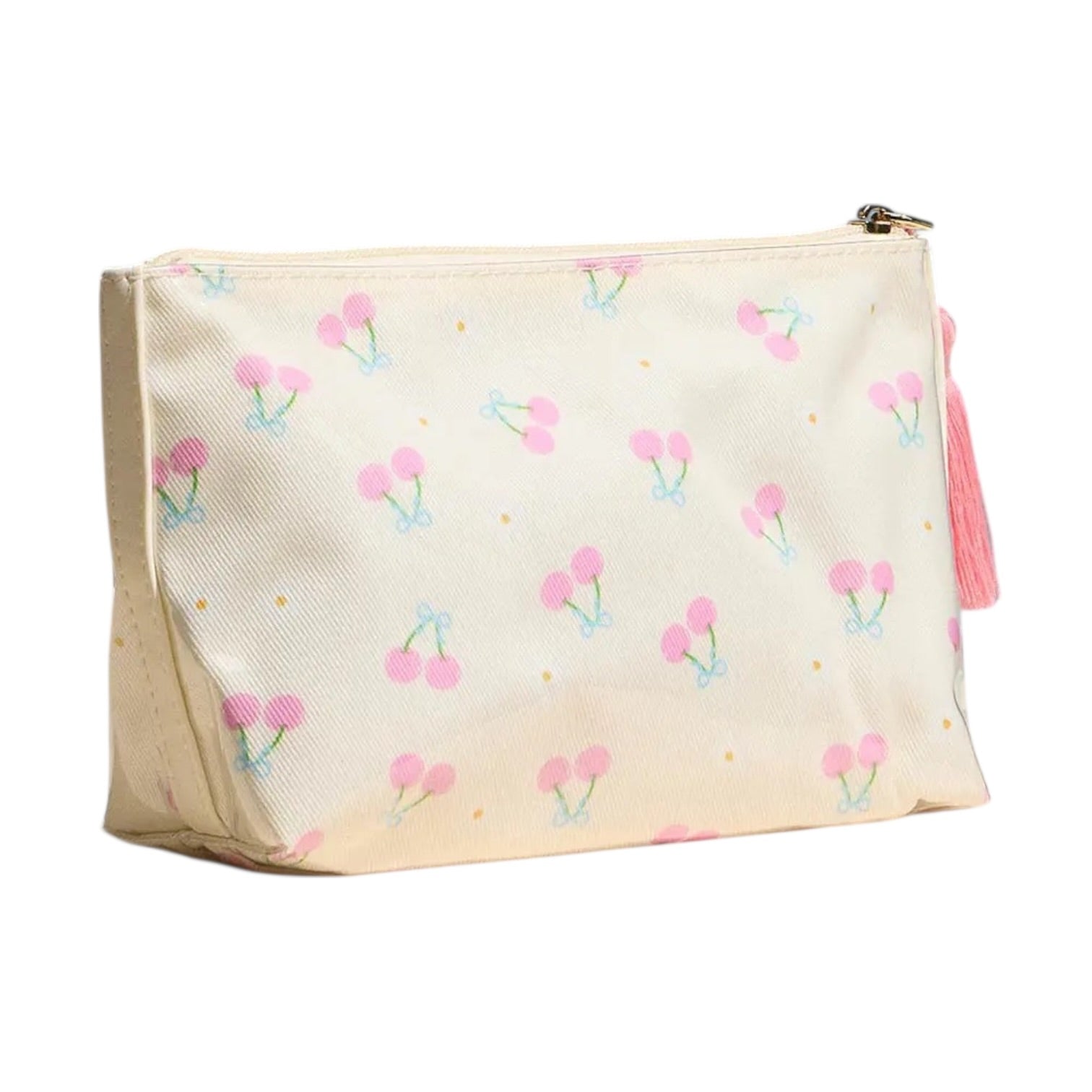 Beige pouch with cherry pattern and tassel on a white background