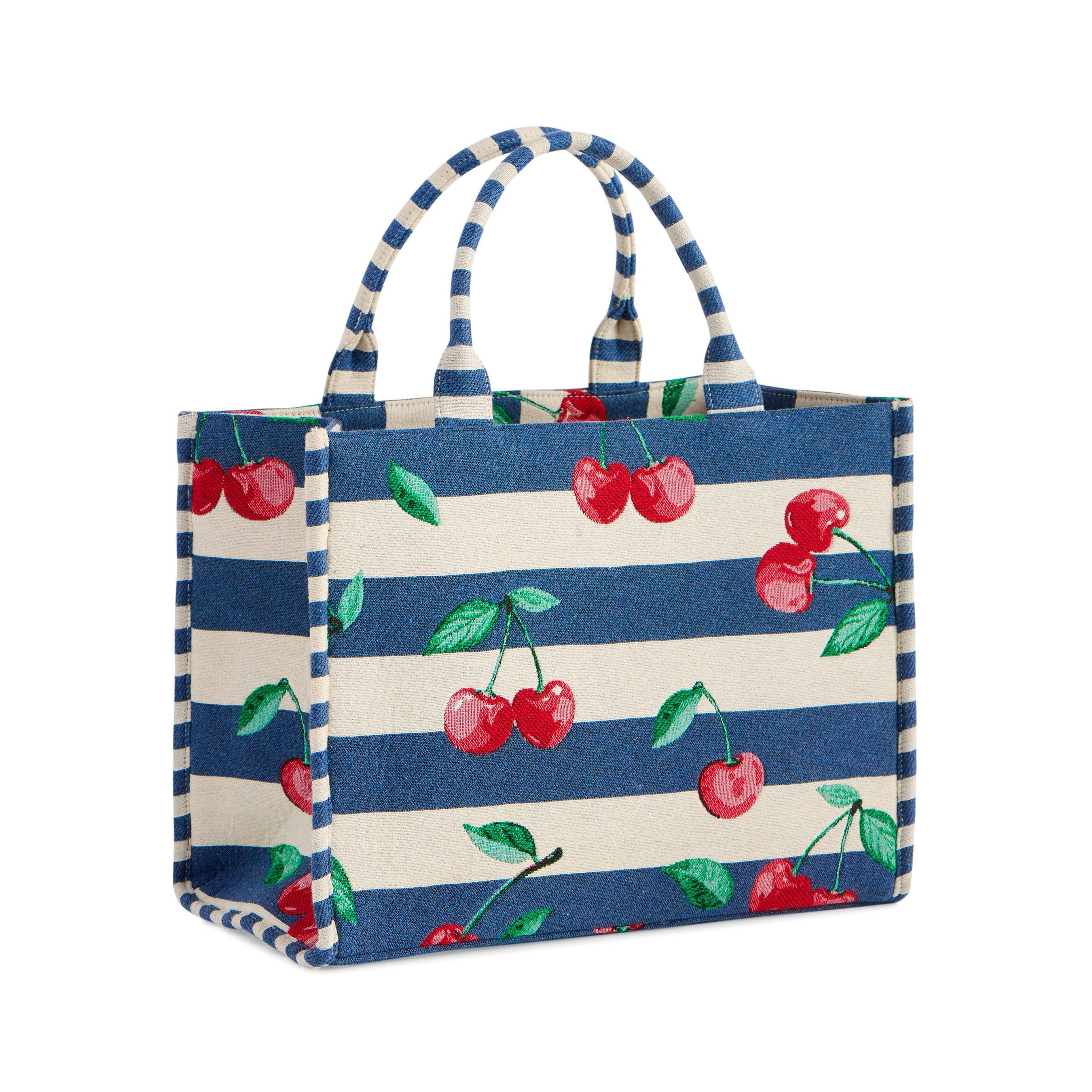 Tote bag with blue and white striped pattern and red cherry design on a white background
