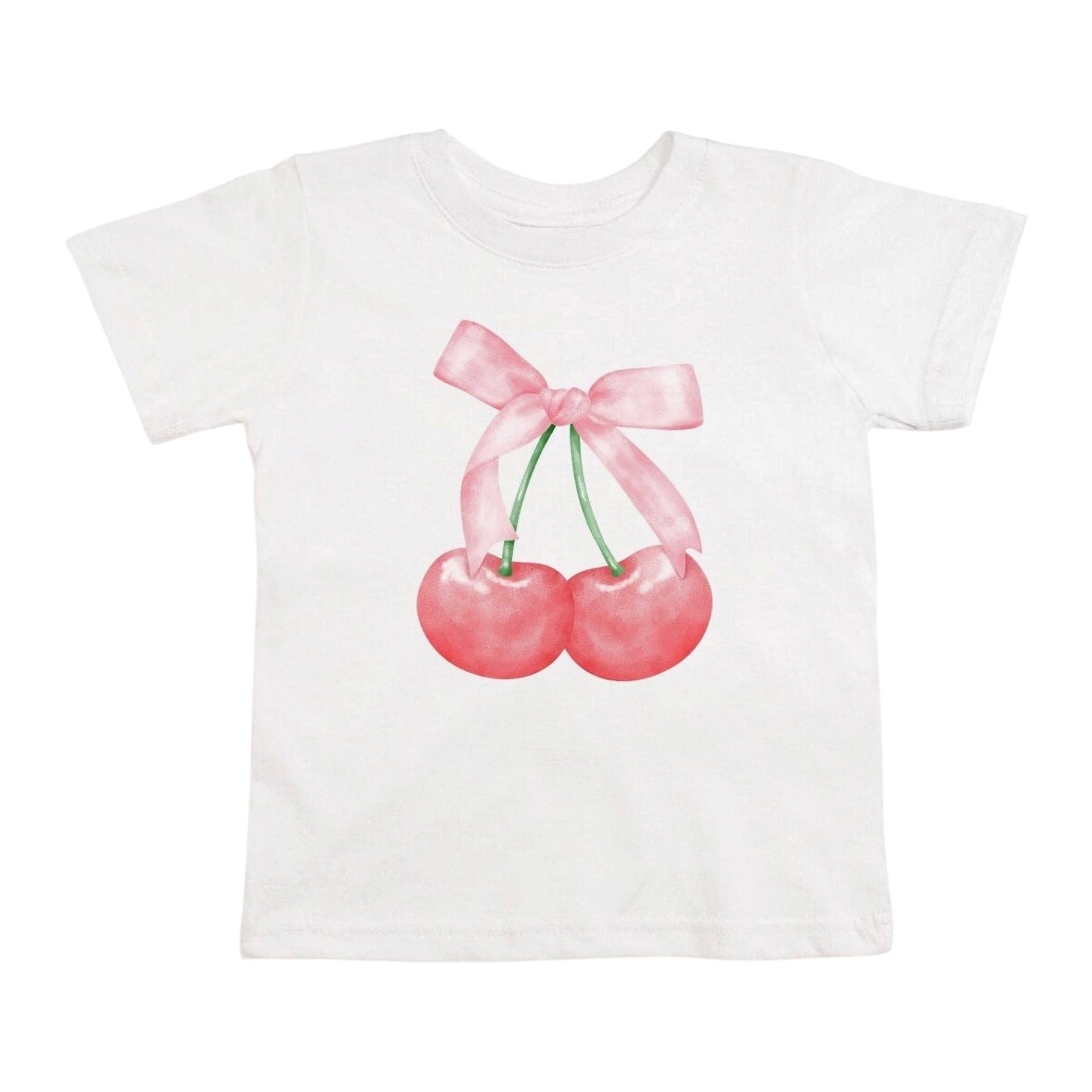 White t-shirt with cherries and a pink bow design on a white background