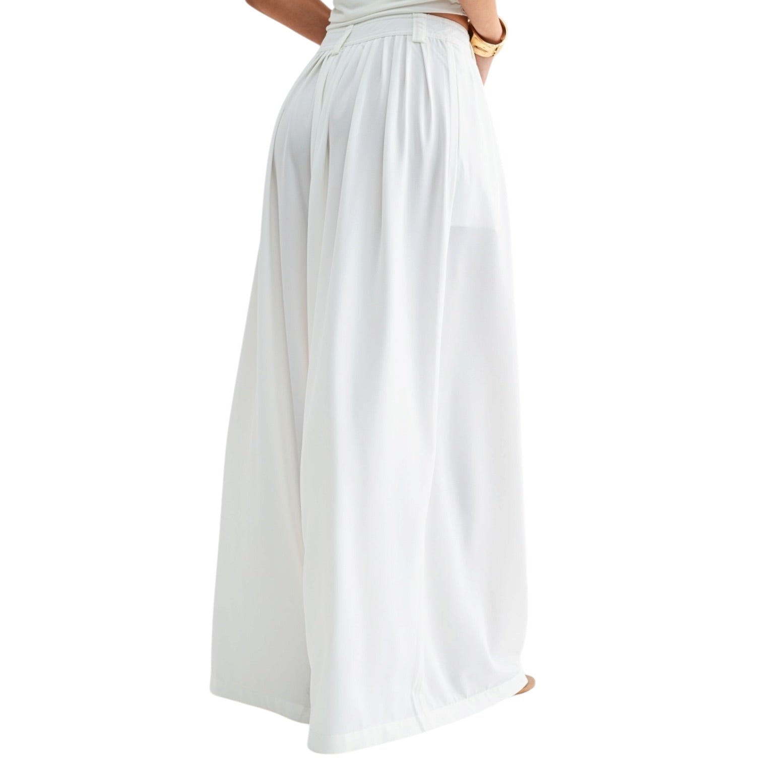 White wide-leg pants worn by a person on a white background