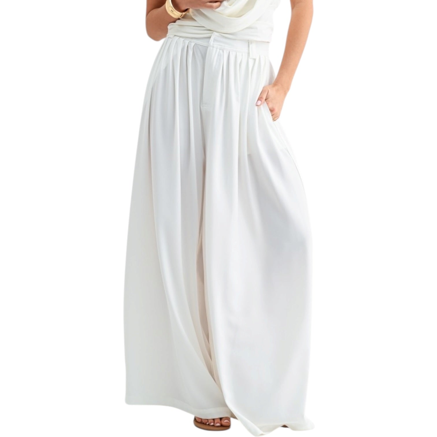 White wide-leg pants worn by a person on a white background