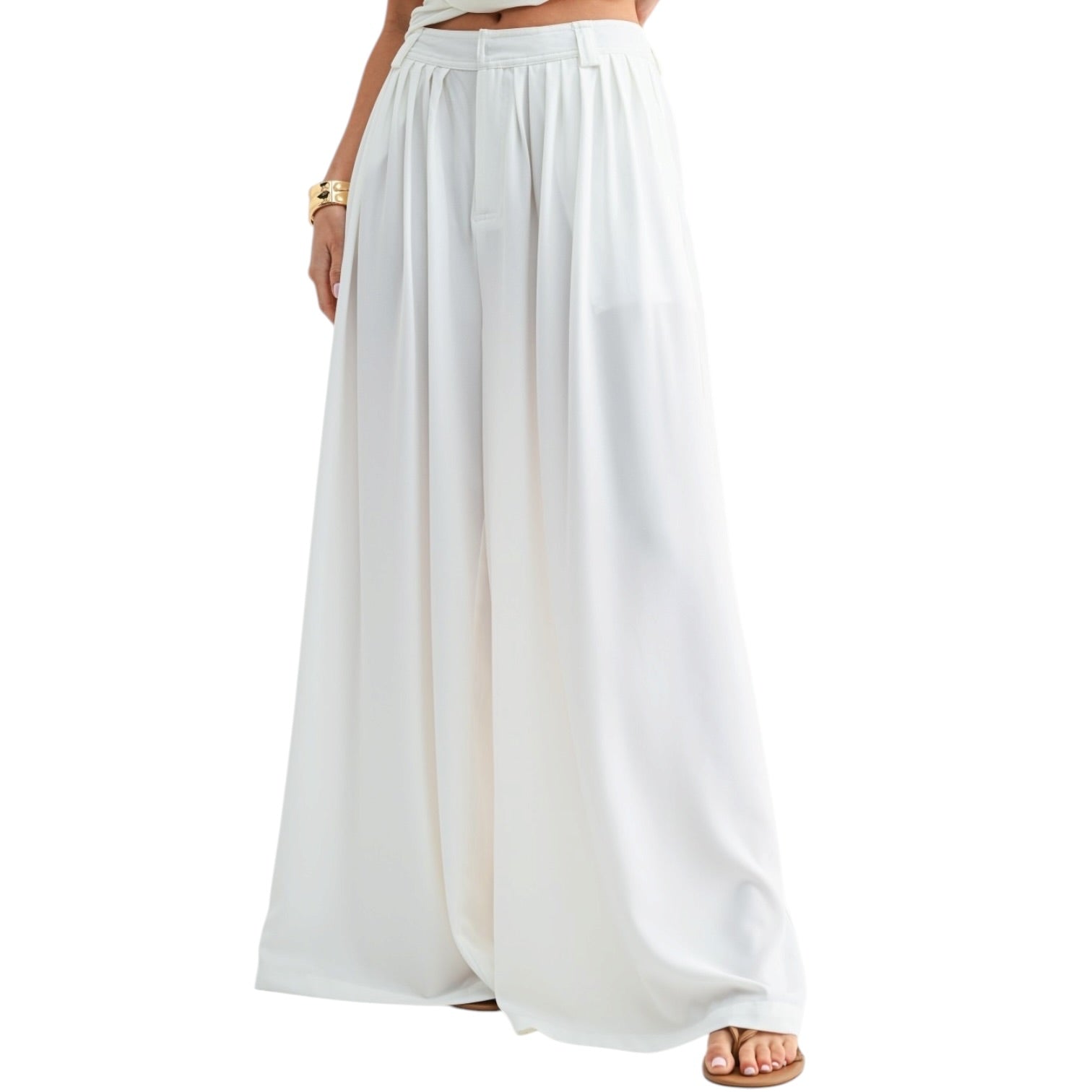 White wide-leg pants worn by a person on a white background