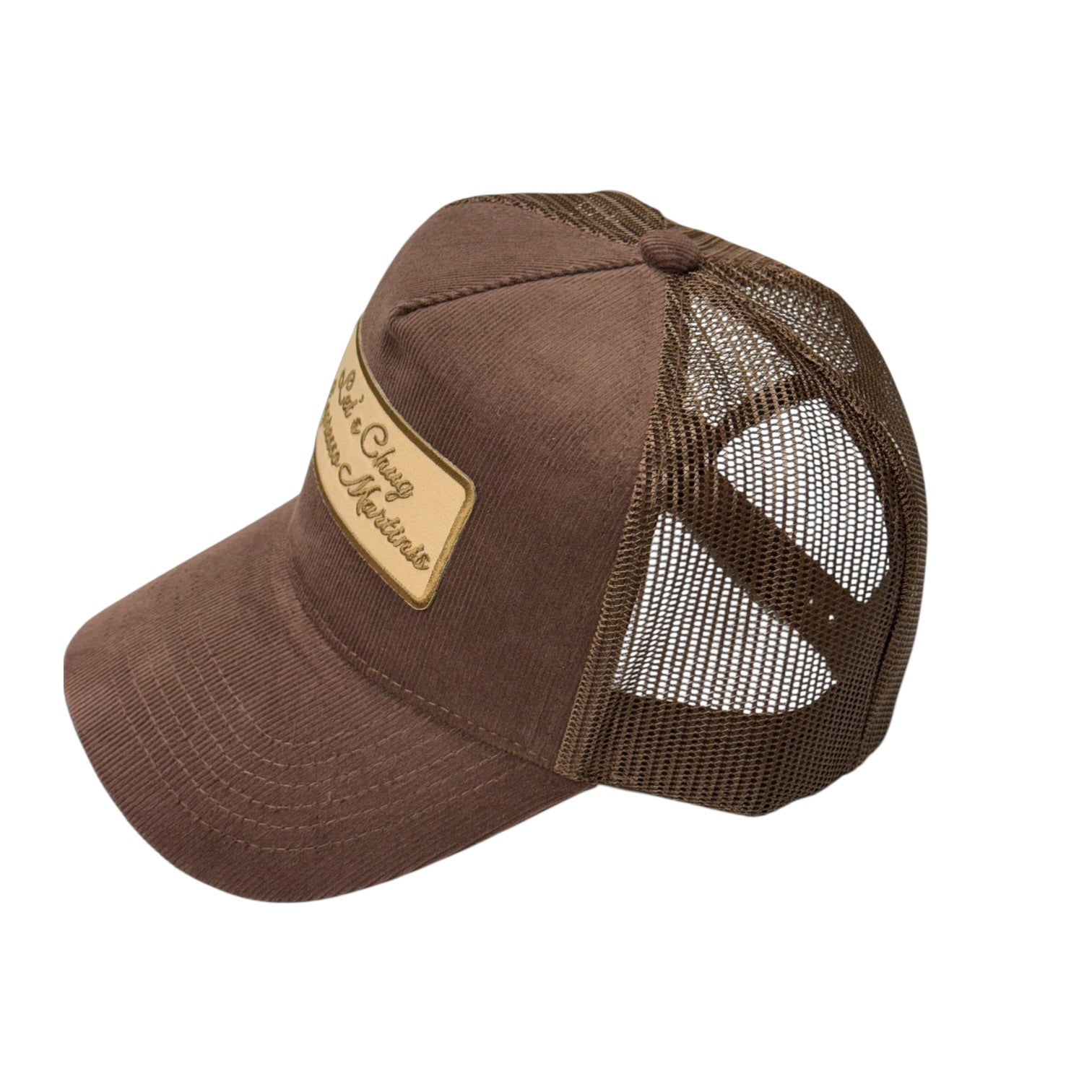 Brown trucker cap with mesh back on a white background