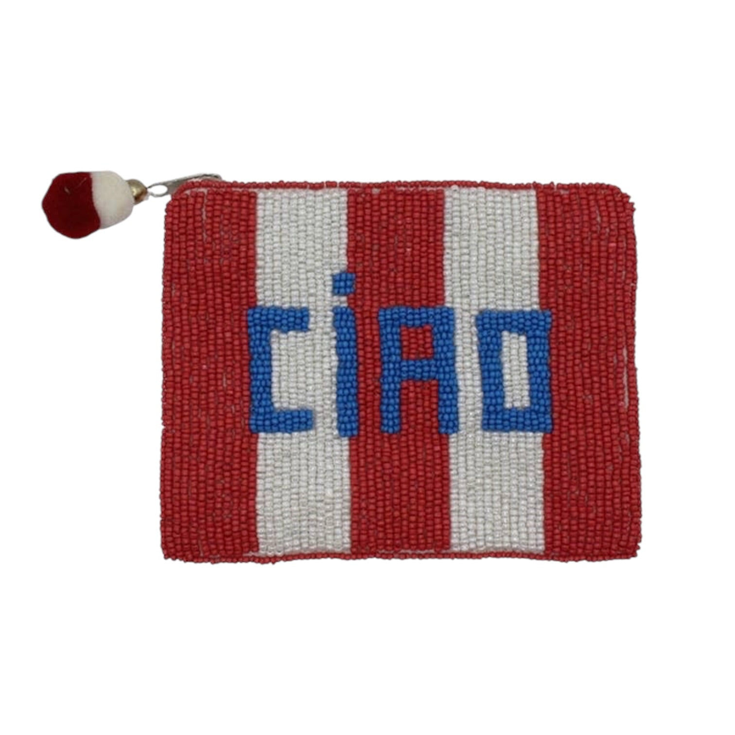 A small zippered pouch with a red and white vertical striped design and the word 'CIAO' in blue letters across the front, shown on a plain white background.