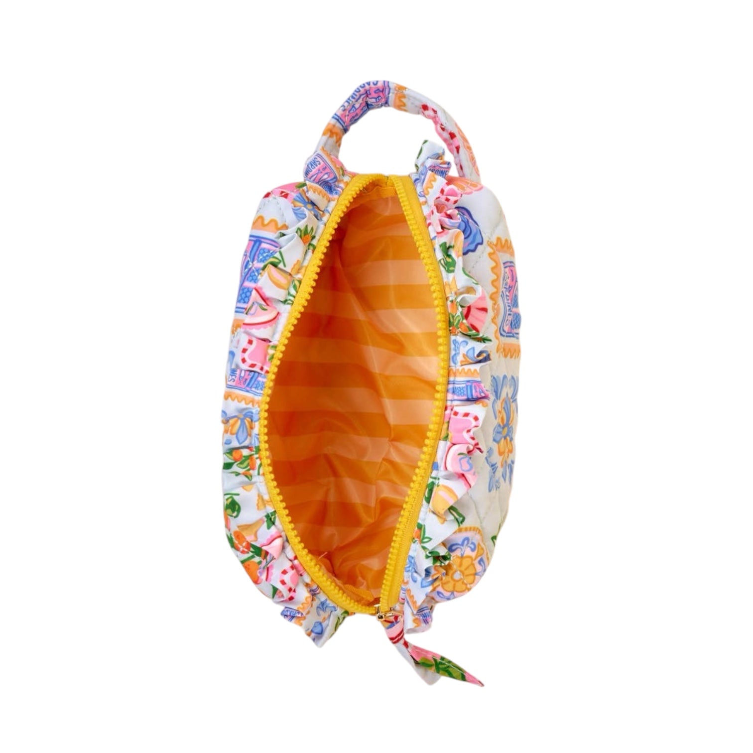 Colorful fabric bag with floral pattern and orange interior on a white background
