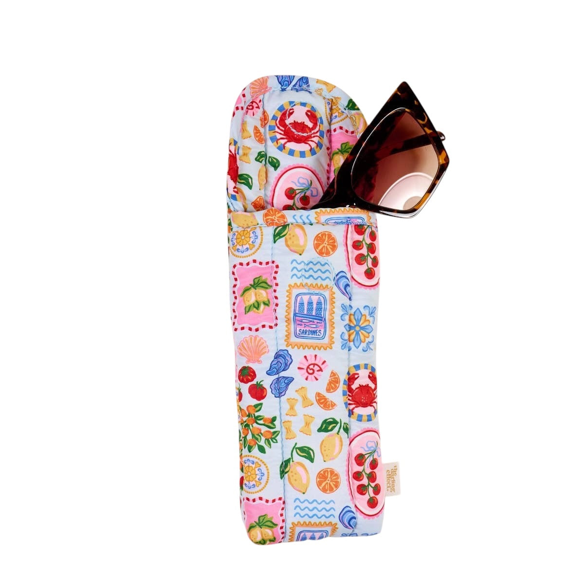 Colorful patterned sunglasses case with a pair of sunglasses peeking out on a white background
